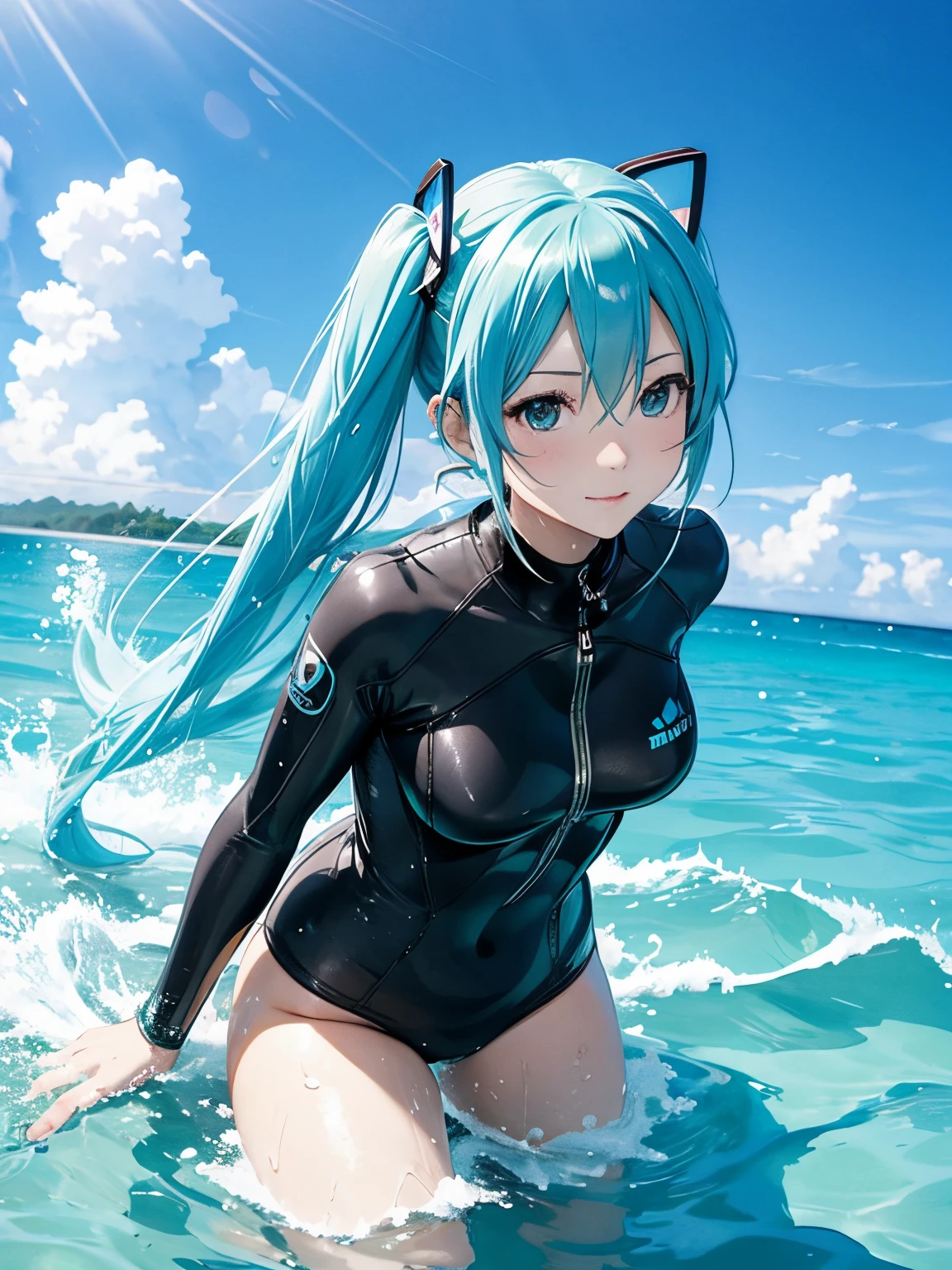 miku hatsune,scuba,diving,a dolphin,In the sea,Beautiful breasts,wet suit,snorkel