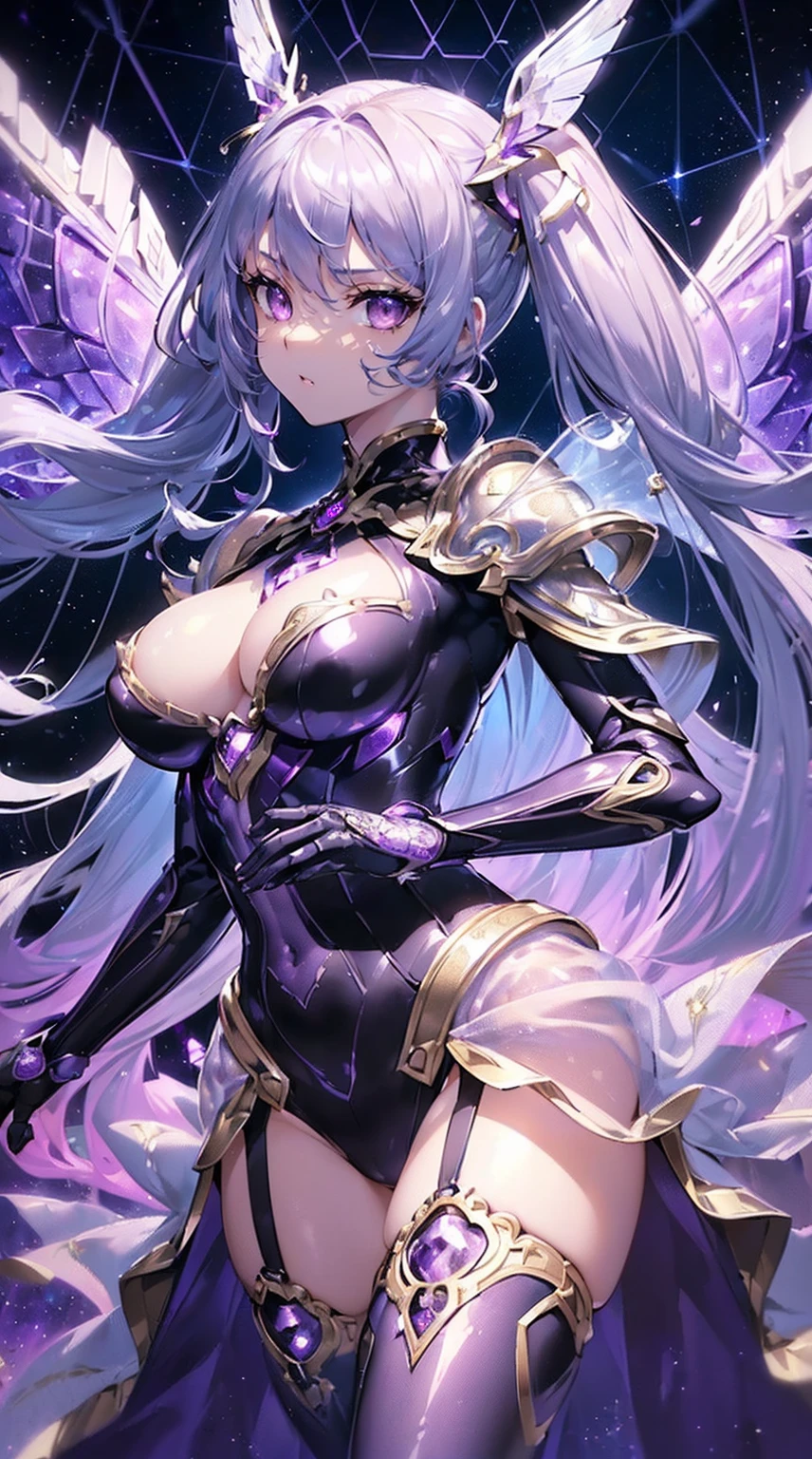 (((masterpiece))), (((highest quality))), ((ultra-detailed)), ((super fine illustration)), ((ultra-fine painting)), (upper body:1.2), (Highly detailed and delicate illustration style:1.8), detailed skin texture, detailed metal texture, detailed cloth texture, extreme detailed description, (T-masterpiece), (highly detailed face:1.2), (highly detailed silver hair:1.2), (highly detailed purple eyes:1.2), original, raw photo, professional, Intricate details, super details, intricate ornament details, (perfect anatomy:1.2), (perfect hands:1.2), (perfect fingers:1.2), (sexy), (sexy), real, ((Solo)), (A beautiful and cool female marshal with beautiful hair and eyes dressed as a mechanical angel) BRAKE (Beautifully shaped small breasts), (Beautifully shaped small buttocks), (The beautiful, shiny silver twintails are extremely detailed and delicate and shine in rainbow colors, colorful hair:1.2), (Beautiful clear purple eyes that shine with great detail and delicate:1.2), (beautiful hands and fingertips:1.2) BRAKE ((sophisticated mechanism:1.4))Smooth and menacing design, (Highly detailed and delicate large amethyst purple Sleek symmetrical mechanical angle wings:1.4), ((Amethyst purple all-range attack type mechanical armor for marshal girls that shines in iridescent colors and is highly detailed and baptized:1.3)), (Symmetrical Wings:1.5) BRAKE concept-art, cyber-punk, Detailed Science Fantasy Art BRAKE (Battle Pose), ((Highly detailed and dynamic all-range attack pose)) BRAKE (Highly detailed and delicate starry sky:1.1), (other world), no robot, (close mouth:0.95), (Geometric patterns, vivid color background:1.5), (colorful confetti:1.15)), (8K highest quality wallpaper:1.4), (Highly detailed and delicate background:1.2) BRAKE (NSFW) BRAKE