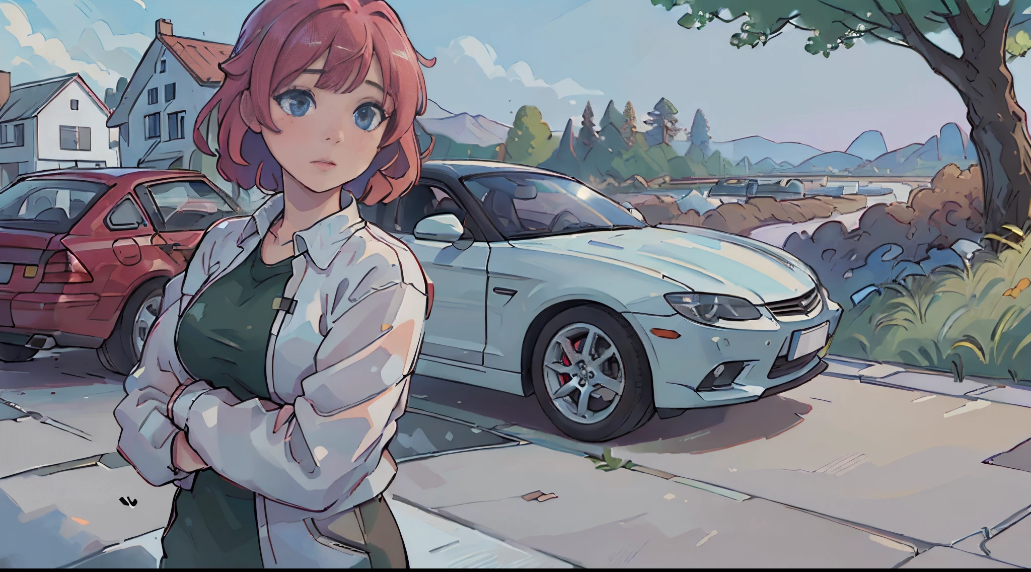(best quality,high resolution:1.2), ultra-detailed, (realistic:1.37) car, beautiful outdoor scenery, detailed reflections on the car surface, high-quality and precise painting, vibrant colors, natural lighting, with a girl next to it. The car is white and it is a British car.