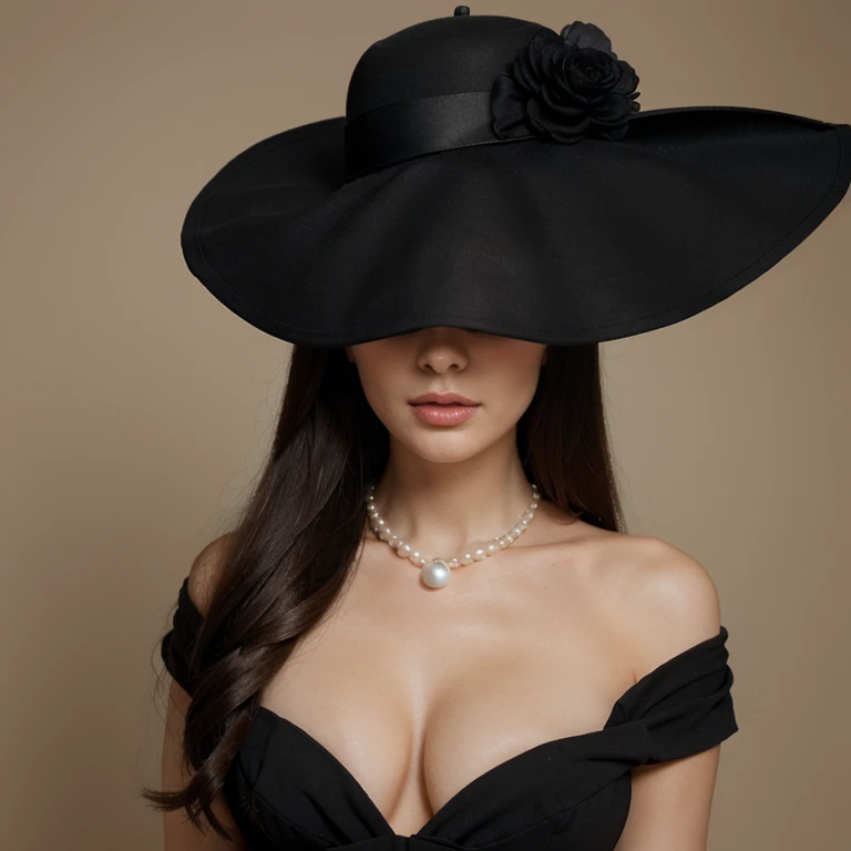 Beautiful and very elegant woman with big black hat. Adorned with a pearl necklace. The hat covers the woman&#39;s eyes