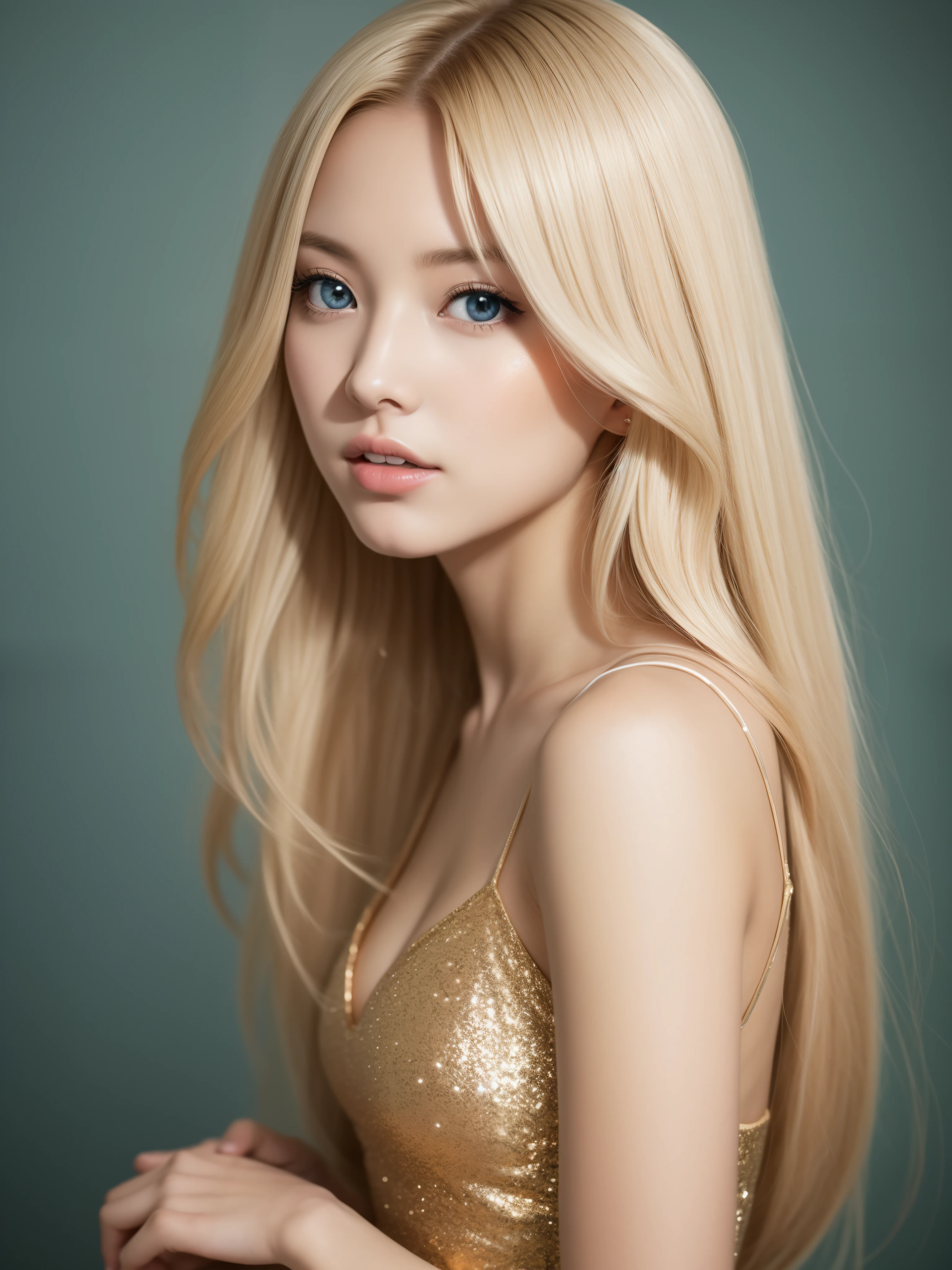 Beautiful woman in fantastic space, Tight micro dress white and gold color, 98k, {{masutepiece}}, Best Quality, High quality:1.4), {{[[front look}}, eye_Contact,Various photo actions)]], Very Clean Face, And very pretty eyes, Cute Images, Cute Images, {{A half body}}, {{{{{{{{Long legs}}}}}}}}, {{{{slim }}}}, {{{{{{Tall Woman}}}}}}, {{Height 177 cm}}, Solo, Beautiful, lovely, Adorable, pale skin, {{18〜22-year-old German girl}}, Beautiful German girl with platinum blonde hair color with blue or green eyes), scandinavian young japanese girl, {{{{{{{{{{Half Girl}}}}}}}}}}, {{{{{{{{{{high_heels}}}}}}}}}},japanes