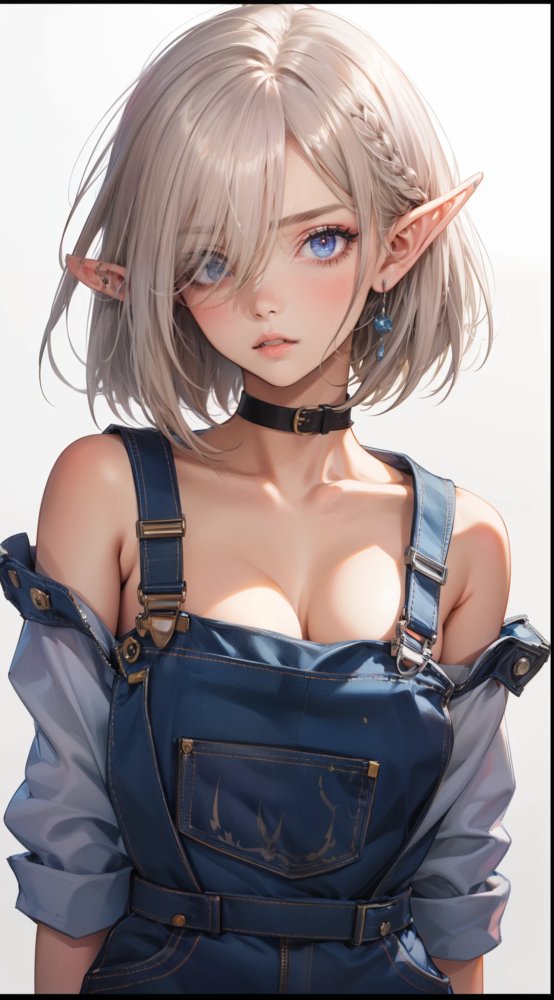 (8K, Best Quality, Master Parts:1.2),ighly detailed,Master Parts,ultra - detailed,Soio,1girll,(white backgrounid:1.5),(Delicate Eyes),((Black pixie cut hair)),  Ye wore only black shorts，The elastic band also has a cute ribbon.，The upper body is a small lace vest，Large areas of pure white skin are exposed to air，Show off your perfect body to the fullest，Colossal tits，The face is delicate,((NSFW:1.3))