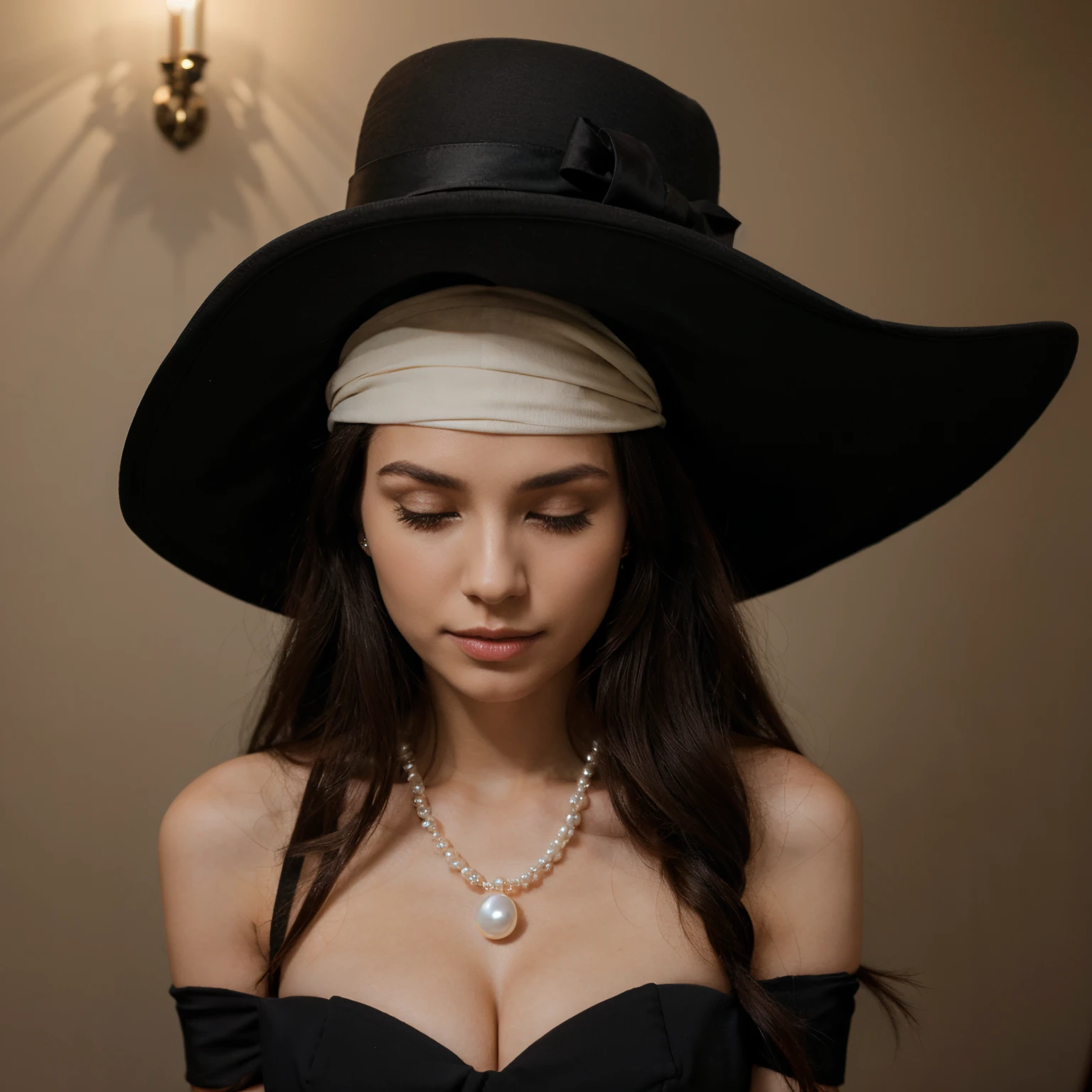 Beautiful and very elegant woman with big black hat. Adorned with a pearl necklace. The hat covers the woman&#39;s eyes