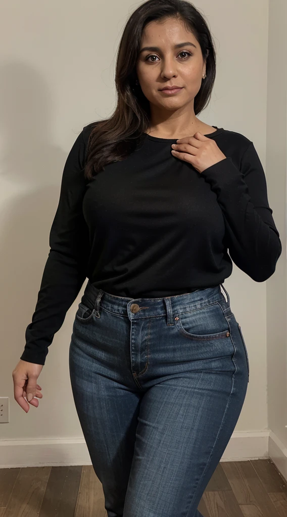 arafed image of a woman with a surprised look on her face, elaine duillo-imane anys-jaya su berg-leni robredo merged, entire body visible, middle-aged new york italian mother, 50 years old, short fat round body, stumpy body, thick, wearing a black long sleeve blouse and jeans