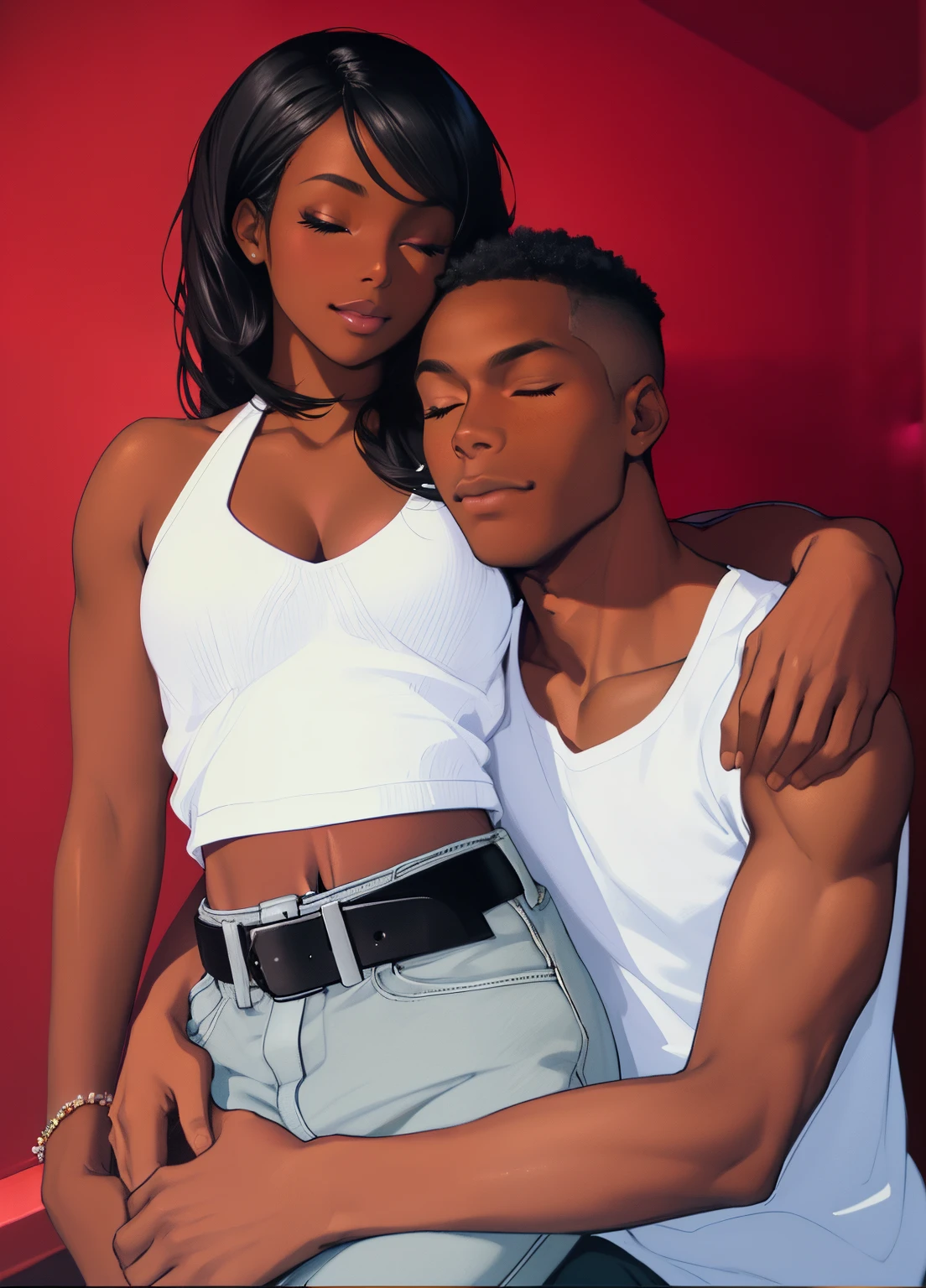 (Best quality, mastery) 1 handsome black man and one pretty black woman, relaxed, romantic, comfy clothing, night time, heads close together, eyes closed, cute, beautiful couple, cuddling, peaceful, view from above, perfect bodies, beautiful face, ebony noses
masterpiece, overhead lighting, highy detailed, clarity, multilevel detailing, blurry background, UHD, masterpiece