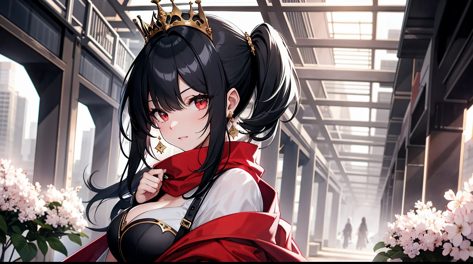 ((tmasterpiece:1.4, Best quality))+, (hyper-detailing)+, (exquisite red eye:1.5)+, (Detailed ears:1.5), (cute girllack banquet dress:1.5),(White stockings:1.5), red shawl, Long hair details,side pony tail,Gold tiara,(White flowers:1.2), pale-skinned, (red cloth:1.5), (Gold earrings:1.5),(Singer:1.1), Concert,Karaoke,White statue,(dawn light:1.2), , (closeup cleavage:1.1), the only person, shiny black hair, Gloom (expressed), from back, down above, Best quality, A high resolution, high detal, high high quality, 16k