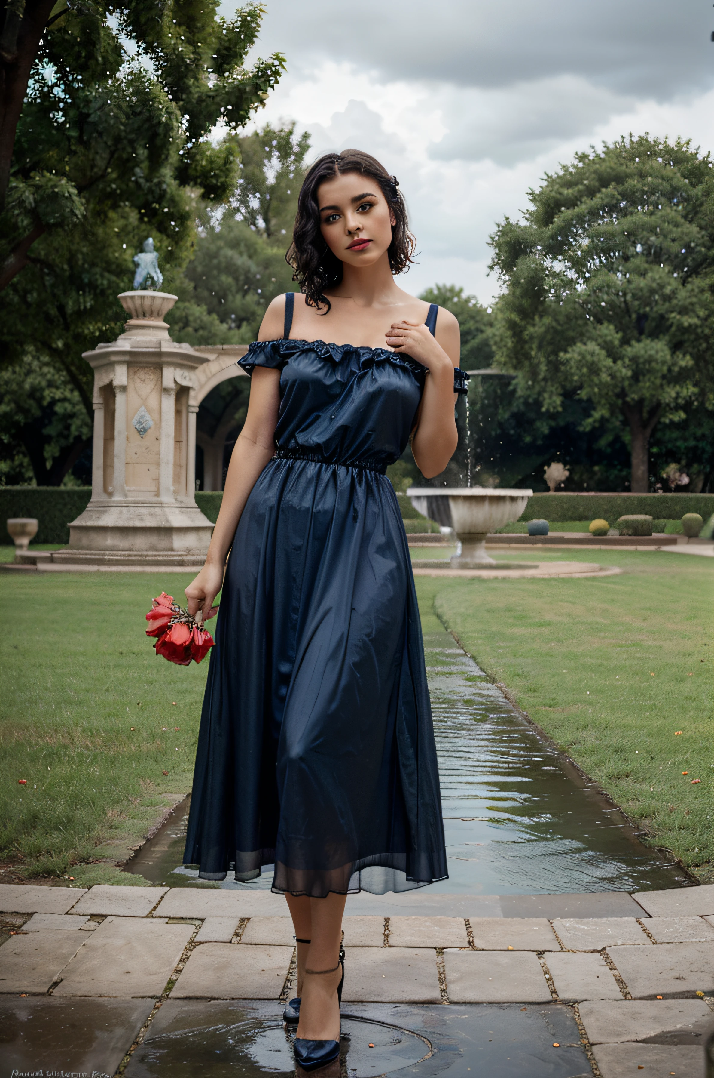 Girl about 25, looks like Ornela Mutti, with black short curly hair, a little bit sad, red-lips, high detail, standing in front of an old fountain in the garden, paved floor near the arch, the girl is wearing a blue pleated silk translucent dress with a deep neckline, holding an apple in my hand. Seductive flirty look. overcast weather, the wind, Storm clouds, as if before the rain. gotik, Dark atmosphere, Fine art painting, Masterpiece, cinema,