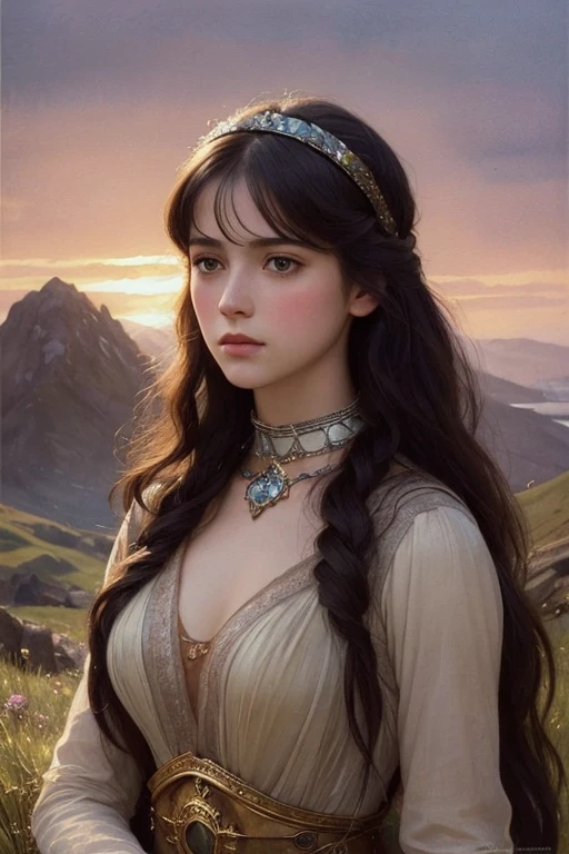 ((Watercolor by Sargent))、(top-quality、​masterpiece)、softlight、Photorealistic full length european young slim athletic woman,tiny chest，My  feels sore，Classic Magician, Gothic, Blue eyes, Dark makeup, short dark pink hair, Jeweled sparkling headband, Natural pale skin texture, Heavy Silver Jewelry, Body Jewelry, Wielding magic, Lightning, Red sunset, Volcanic mountain landscape background, low illuminance, Finely drawn face, Finely drawn hands, High quality, Photorealism, infp young woman, pre-raphaelite, j.で. Waterhouse, Alma Tadema