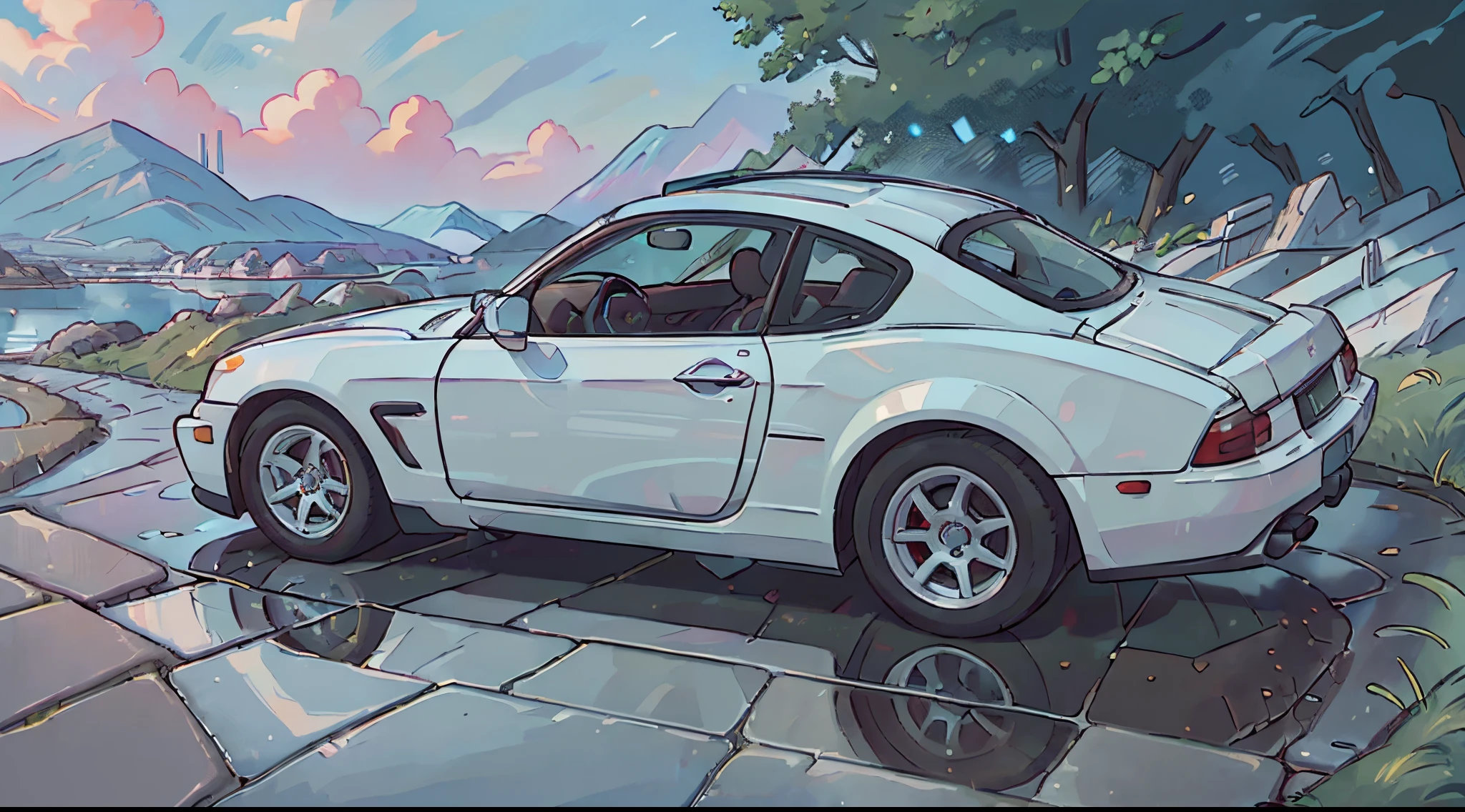 (best quality,high resolution:1.2), ultra-detailed, (realistic:1.37) car, beautiful outdoor scenery, detailed reflections on the car's surface, high-quality and precise painting, vibrant colors, natural lighting, with a girl next to it. A white car, a British car.