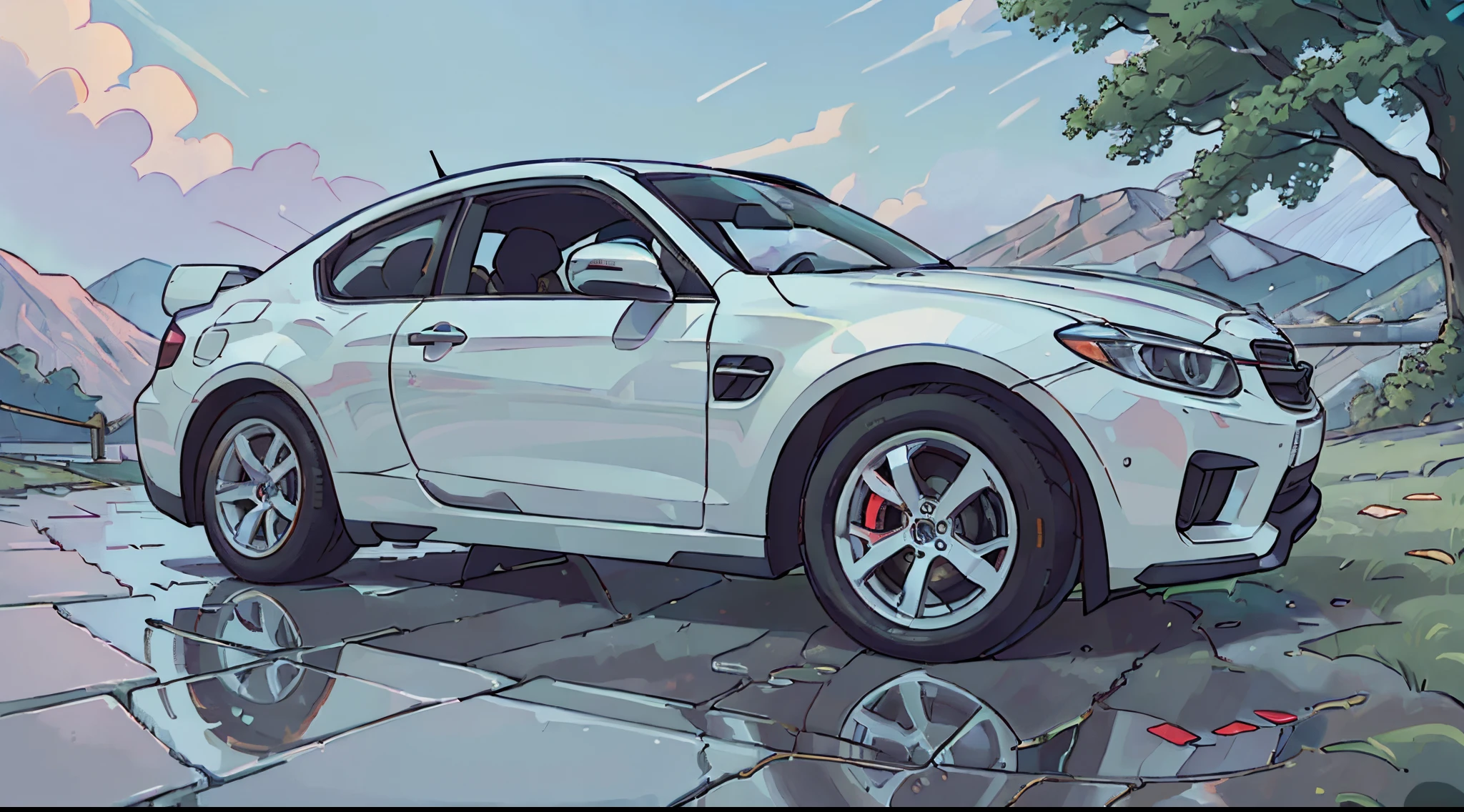 (best quality,high resolution:1.2), ultra-detailed, (realistic:1.37) car, beautiful outdoor scenery, detailed reflections on the car's surface, high-quality and precise painting, vibrant colors, natural lighting, with a girl next to it. A white car, a British car.