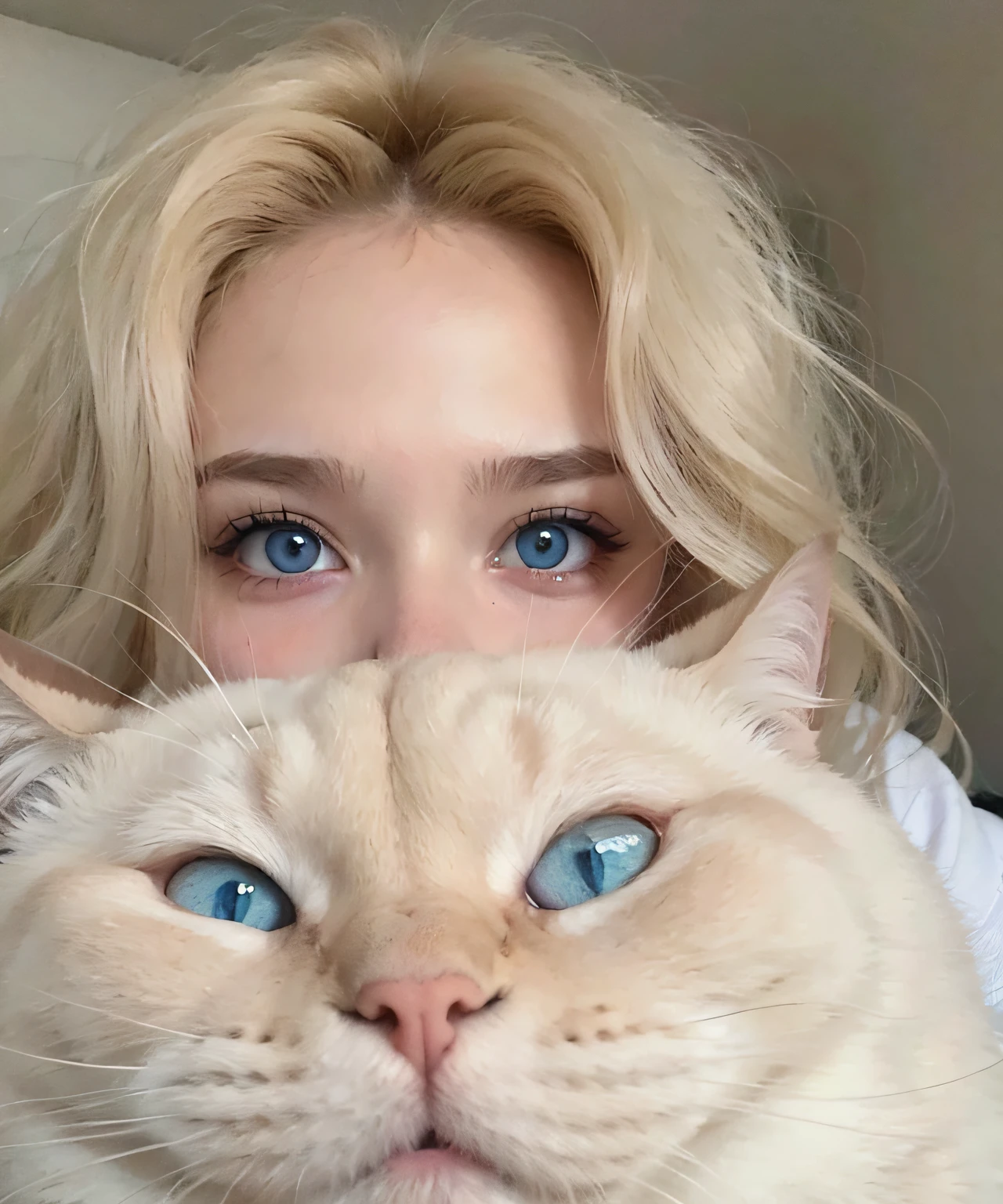 mujer rubia sosteniendo un gato con ojos azules y una camisa blanca, Elle Fanning), Grandes mejillas sosteniendo a su gato, Yelena Belova, Petra Collins y MC. Escher, cabello rubio y ojos grandes, ojos azules claros, ojos azules y cabello rubio, pale blue eyes, cabello rubio y ojos azules, con ojos azules, Mujer / cat hybrid, con ojos grandes