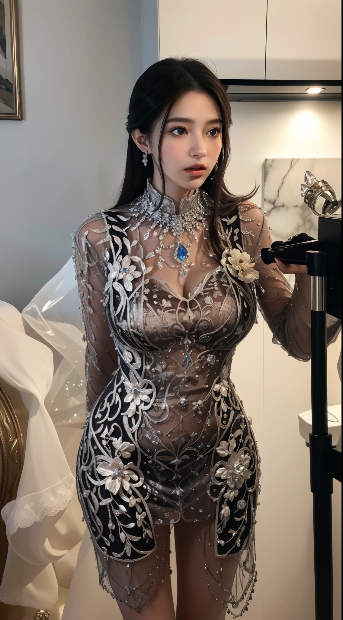 Imperial sister，A detailed eye，Detailed facial expressions，Ripe body，Tall figure，Number，legs long，4K，k hd，fleshy feeling，White translucent lace，Fair and plump figure，Nice face，Cherry small mouth，beautiful and delicious（3D royal sister），exquisite dress，Wear crystal gem high heels，Silver cuirass，Gorgeous crystal gemstone dress，Gems and Jewelry，Bejeweled Crown，