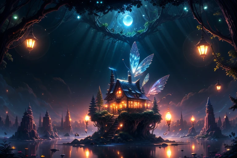 (best quality,4k,8k,highres,masterpiece:1.2),ultra-detailed,(realistic,photorealistic,photo-realistic:1.37), ultra wide angle view a magical fairy village,colorful mushroom houses,enchanting lights,fluttering butterflies and fireflies,vibrant and vivid colors,fairy tale atmosphere,soft and warm lighting,whimsical and fantastical scenery,detailed textures and patterns,ethereal and mystical ambiance,sparkling and glowing elements,serene and peaceful surroundings,rich and lush vegetation,magical plants and flowers,magical creatures and animals,magical waterfalls and streams,tranquil and clear sky,spellbinding and captivating view,magical moonlit night,magical fog and mist,enchanted sounds of nature,enchanted pathways and walkways,hidden secrets and surprises around every corner,fairy dust and magic in the air,dream-like and surreal atmosphere,enchanting and whimsical music,fairy queen and her royal court,fairy houses decorated with flowers and vines,glowing lanterns and fairy lights,playful and mischievous fairies,dancing and twirling fireflies among the trees,magical reflections in the water,entrancing and mesmerizing energy,peaceful and serene fairy village in the evening light,colorful and lively celebrations and festivals,iridescent and shimmering wings of the fairies,magical potions and spell books,fairy tale characters and stories coming to life,enchanting bridges and arches made of vines and flowers,magical crystals and gemstones,whispering trees and talking animals,sunlit meadows and blooming fields,fantastic and otherworldly architecture,magical fountains and ponds with vibrant fish,harmony and balance in nature,mysterious and alluring atmosphere,enchanted forest surrounding the village,fairy folk and their daily activities,sparkling and twinkling stars in the night sky,fairy blessings and wishes granted,magical gateway to other realms,mystical and ancient tree of wisdom,glimmering and dreamy sunset over the village,