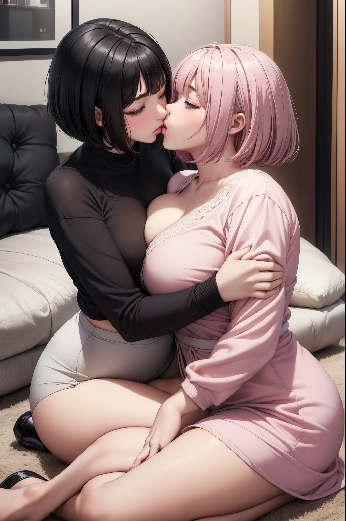 2girls,girl1:bbw、adolable,Black hair,Bob-cut hair,rcasual,Sitting on floor、Kisses and hugs、stare、NOWAI、Girl 2:adolable,A pink-haired,Long grey hair,rcasual。Kisses and hugs、stare、Sitting on floor、NOWAI