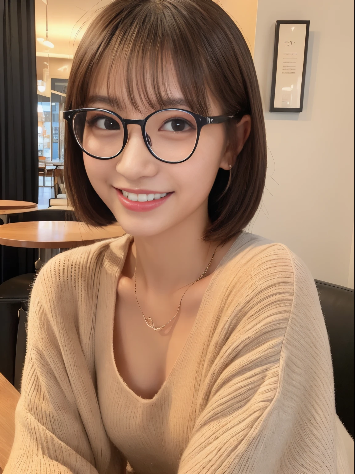 ((8K、Raw photography、top-quality、masterpiece)、(realisitic)、(top-quality)、(Best Shadows)、(The best illustrations)、Young Solo、Intelligent beauty、perfectly proportions、sexy for、cafes、solid、highest texture、goddes、Clear skin、Fashionable hairstyle、Black-rimmed glasses、short-hair、Cool and cute、二重まぶた、modeled、A sexy、jpn、Good looks、Her、A smile、Enjoy the cafe、Rough clothing、