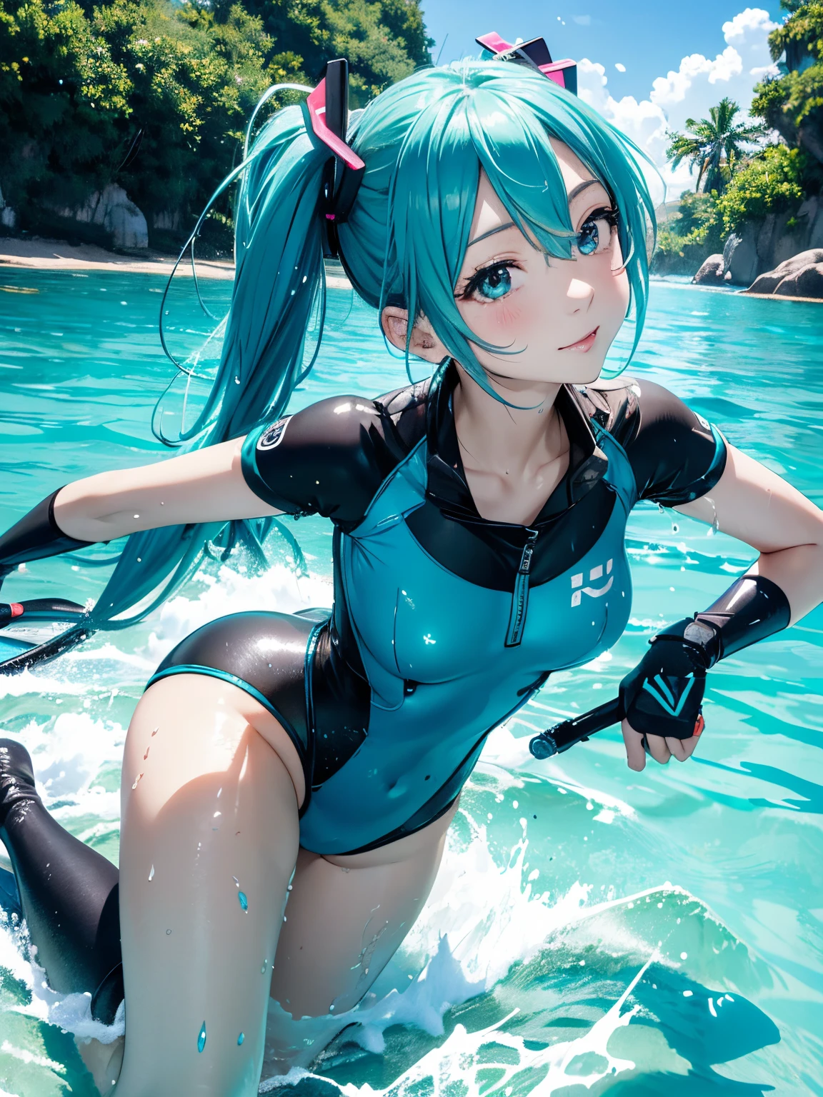 miku hatsune,scuba,Diving,a dolphin,bottom of the ocean,Beautiful breasts,wet suit,snorkel,The corals