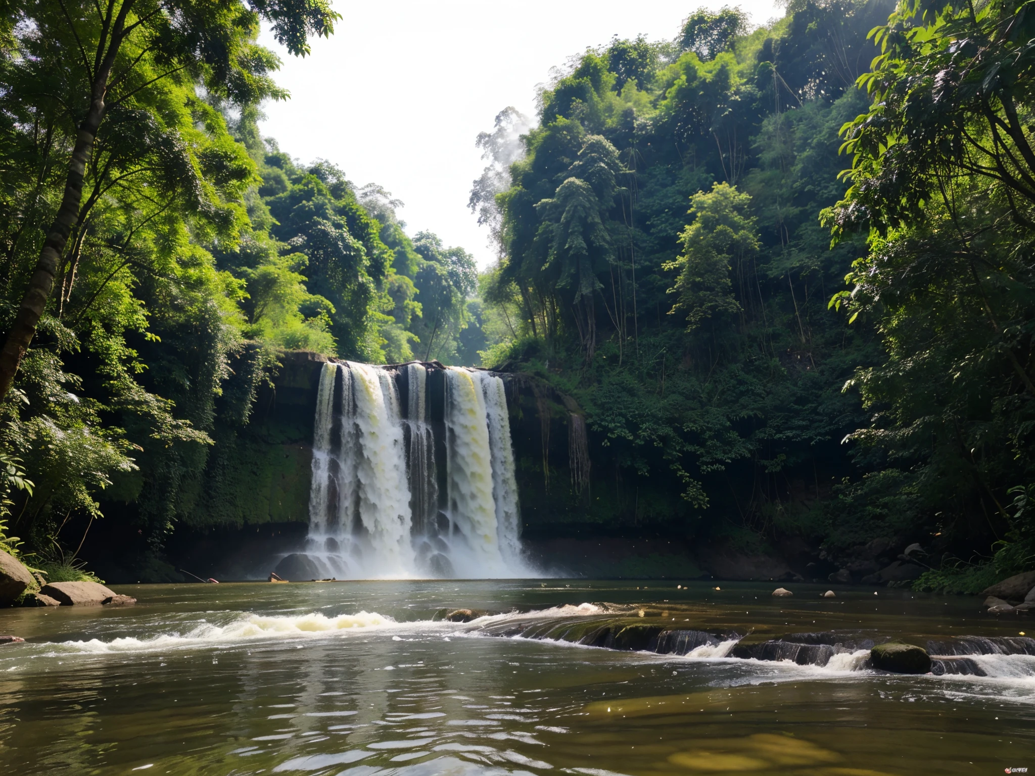 lukisan pegunungan dan sungai pada saat matahari terbenam, tanpa pohon, air mengalir dari atas pegunungan ke hilir, lukisan cina, air jernih