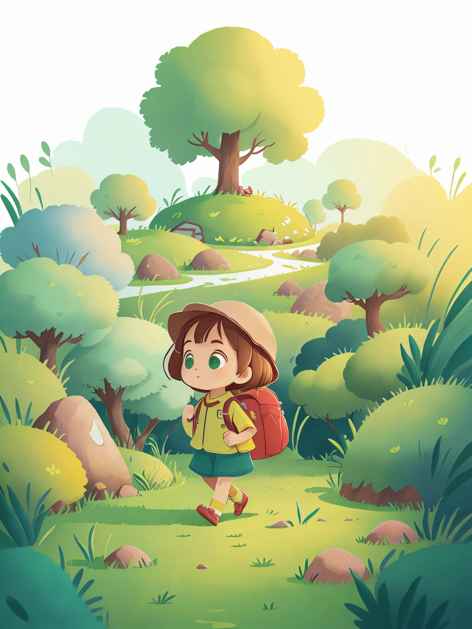 Little girl carrying adventure bag，Footsteps walking through fresh green grass，