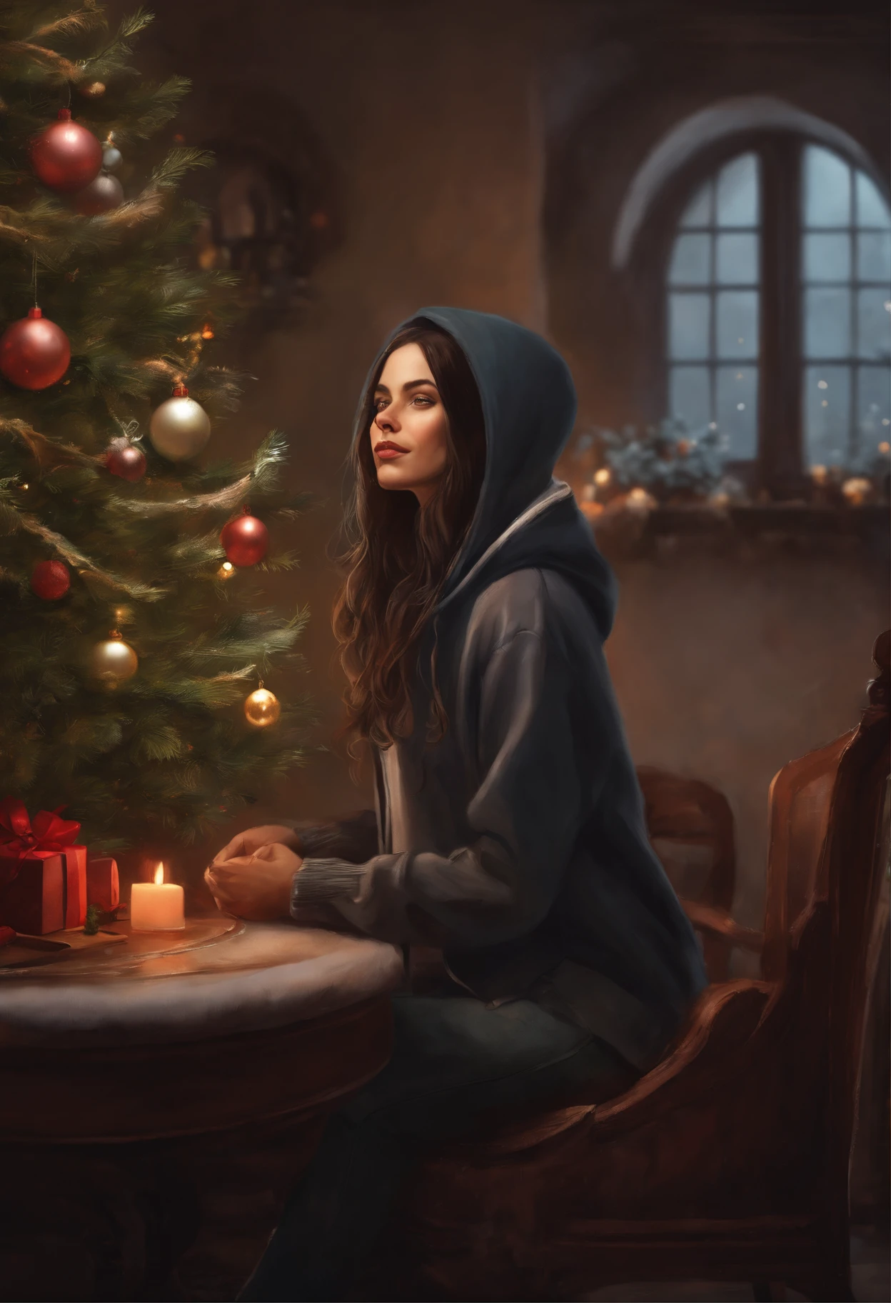 真实感, a painting, Fantastic tale, Christmas style, John Tolkien style, Small painting by Jean-Baptiste Monge ,  in the art style of bowater, 8K Artgerm Bokeh, realistic art style,Painting of a rocker girl in the hood, sitting in front of the Christmas tree,  Portrait of a rocker girl,   Soft facial features, Rocker Girl, sitting in a chair in a hood with loose black Straight hair , near the Christmas tree, Soft facial features, Wearing tight laces,  Wear a sweatshirt, With light makeup,  dark pink lips,  lip shape"pearlescent" ,"curved eyebrows in the shape of Engriberts, Cyan eyes,  heavy-lidded eye shape,  Human Hand, Very clear without flaws with five fingers, Long black straight hair sticking out from under the hood, in a lilac hoodie, in black leggings,mischievous character, fireplace, Christmas tree, Gifts, ,artwork in the style of guweiz, detailed character portrait, extremely detailed artgerm, artgerm and atey ghailan, charlie bowater art style, Jean-Baptiste Monge, anthropomorphic --ar 2:3 --testp -optimistic;  straight hair