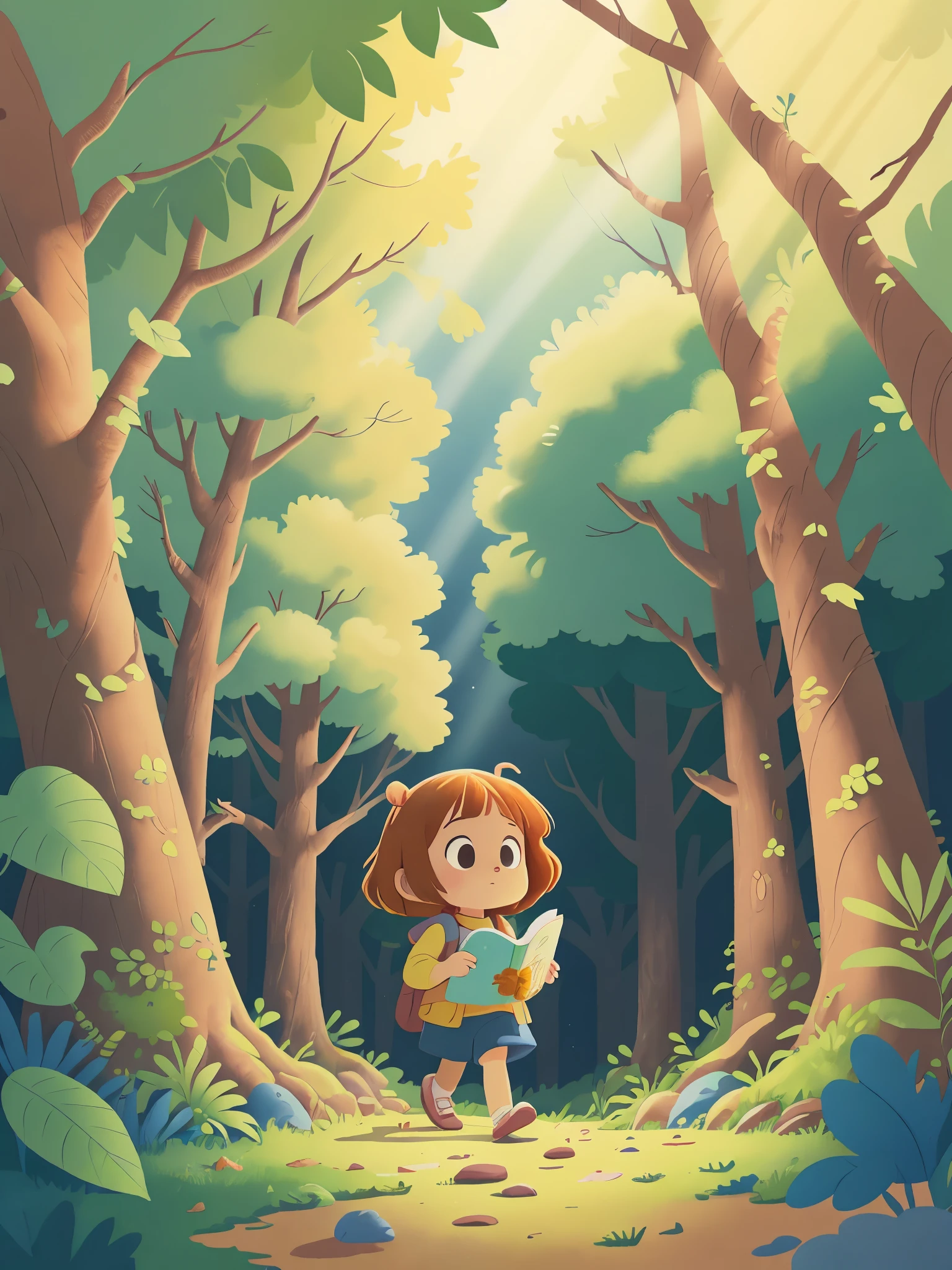 classical animation，Continuous shooting，Cinematic immersion，Sense of story，coloring book,Picture book stories,High saturation color,colorful illustrations，publication，Little girl walking through a forest，The sun shines through the leaves and casts mottled light and shadow on the ground，