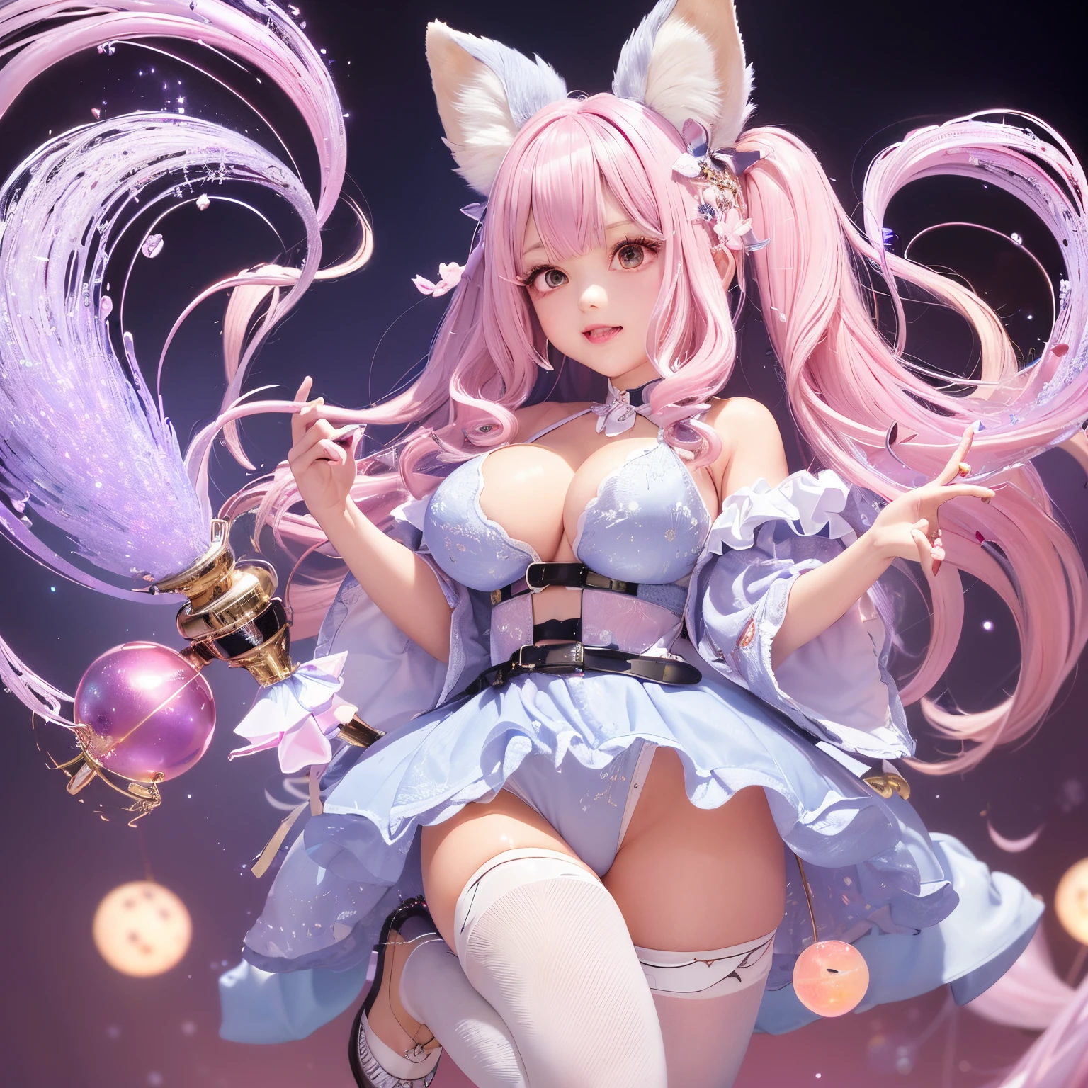 The upper part of the body、one girls、i have silver hair color、Two-tone、(Pink Highlight Hair、Curly hair/fox ears、very Bigger breasts、、whore、Idol Costumes、garterbelts、has a tail、off shoulders、Has a shining wand、Countless glowing spheres float、Glowing soap bubbles、