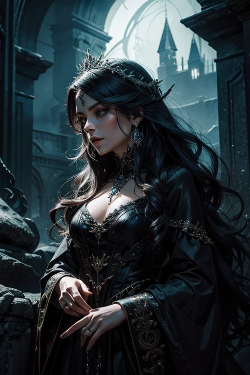 (highres:1.2),detailed portrayal of a witch (lady:1.1, witch),spikedress, sharp focus, vibrant colors, haunting atmosphere, fantasy art, long wavy hair, flowing gown, intense gaze, mystical background, smoky atmosphere, enchanting aura, magical accessories, dark and mysterious, eerie lighting, detailed face, intricate jewelry, dramatic pose