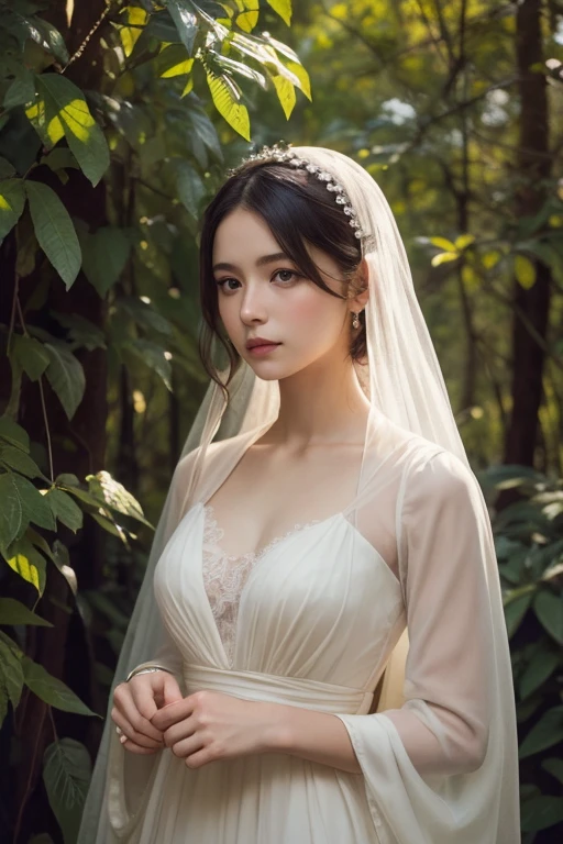 ((RAW,35mm)),((Masterpiece)),Ultra Realistic full frame half bare body photo, forest peril fallen out-cold paralyzed helpless on ground,beautiful brunette long wavy hair asian princess(oblong face,slim,height 180cm,34-24-34 body ratio,natural round chest),wearing majestic revealing royal abaya gown),(transparent head veil),(long cape),intricate,detailed.[erotic dead body][falls gracefully][torn dress][revealing][eyes closed][open mouth][macabre], sharp image, UHD,8k, [Royo-Giger theme and style]