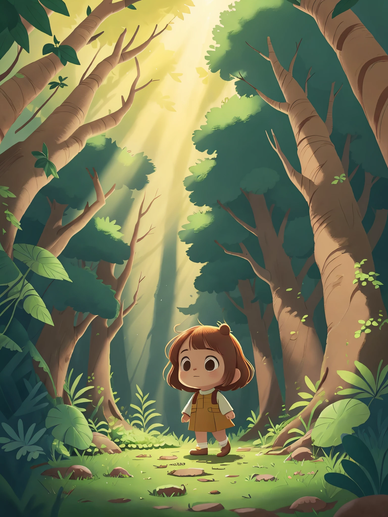  girl walking through a forest，The sun shines through the leaves and casts mottled light and shadow on the ground，