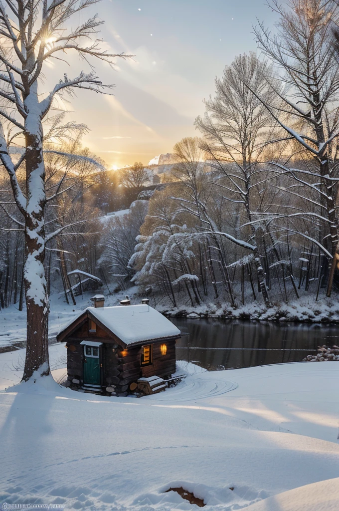 a peaceful, dreamy winter landscape, snow-covered trees, a cozy cottage with smoke coming out of its chimney, soft golden sunlight, a winding path covered in fresh snow, a serene snow-covered pond, a flock of birds flying in the distance, an inviting wooden bench covered in a warm blanket, the faint sound of crackling firewood, a sense of tranquility and serenity. (best quality, highres), (landscape), (winter wonderland), (dreamy), (golden sunlight), (cozy), (peaceful), (serene), (snow-covered), (fresh snow), (warm blanket), (crackling firewood), (tranquility), (serenity), (faint sound), (winter scene), (nature), (winter cottage)