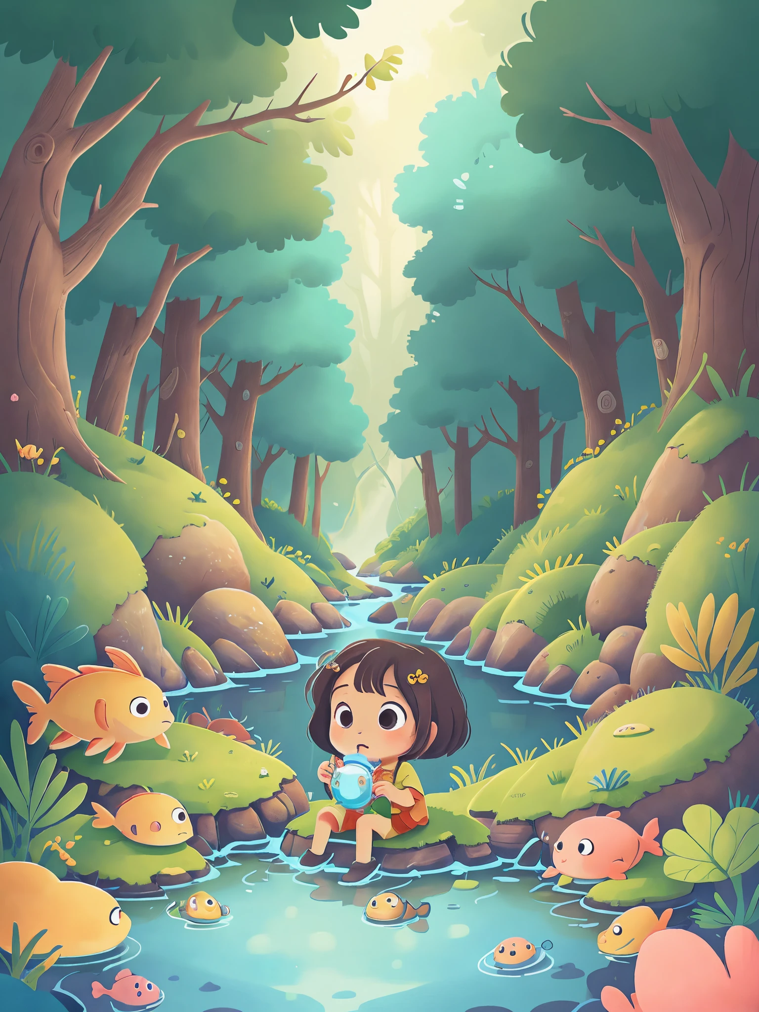  girl drinks water from a clear stream，Fish swimming around in the water，