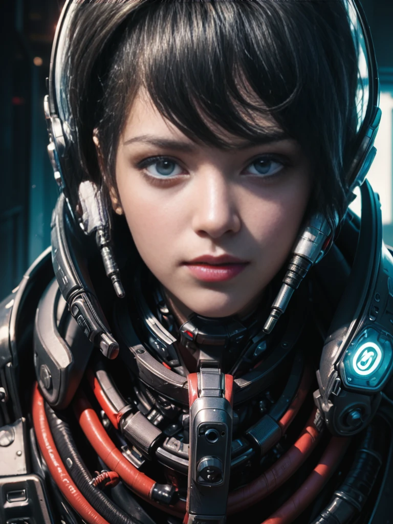 ((Masterpiece photographic portrait )), ((beautiful cybernetic Cyberpunk girl)), ((highly detailed face)), ((fringe and bangs multicolor hairstyle)), ((extreme close up portrait)), (looking to side), (angry expression), ((mechanical cervical attaching to neck)), (wires and cables attaching to neck:1.2), ((mass of wires and cables on head)), ((wearing colorful Harajuku tech jacket with logo)), (((dynamic pose))), (masterpiece), (((best quality))), ((ultra-detailed)), (highly detailed illustration), cinematic lighting, science fiction, extremely detailed,colorful,highest detail