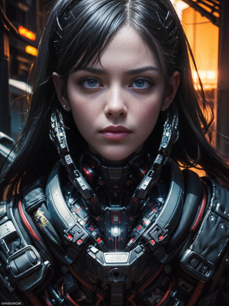((Masterpiece photographic portrait )), ((beautiful cybernetic Cyberpunk girl)), ((highly detailed face)), ((fringe and bangs multicolor hairstyle)), ((extreme close up portrait)), (looking to side), (angry expression), ((mechanical cervical attaching to neck)), (wires and cables attaching to neck:1.2), ((mass of wires and cables on head)), ((wearing colorful Harajuku tech jacket with logo)), (((dynamic pose))), (masterpiece), (((best quality))), ((ultra-detailed)), (highly detailed illustration), cinematic lighting, science fiction, extremely detailed,colorful,highest detail