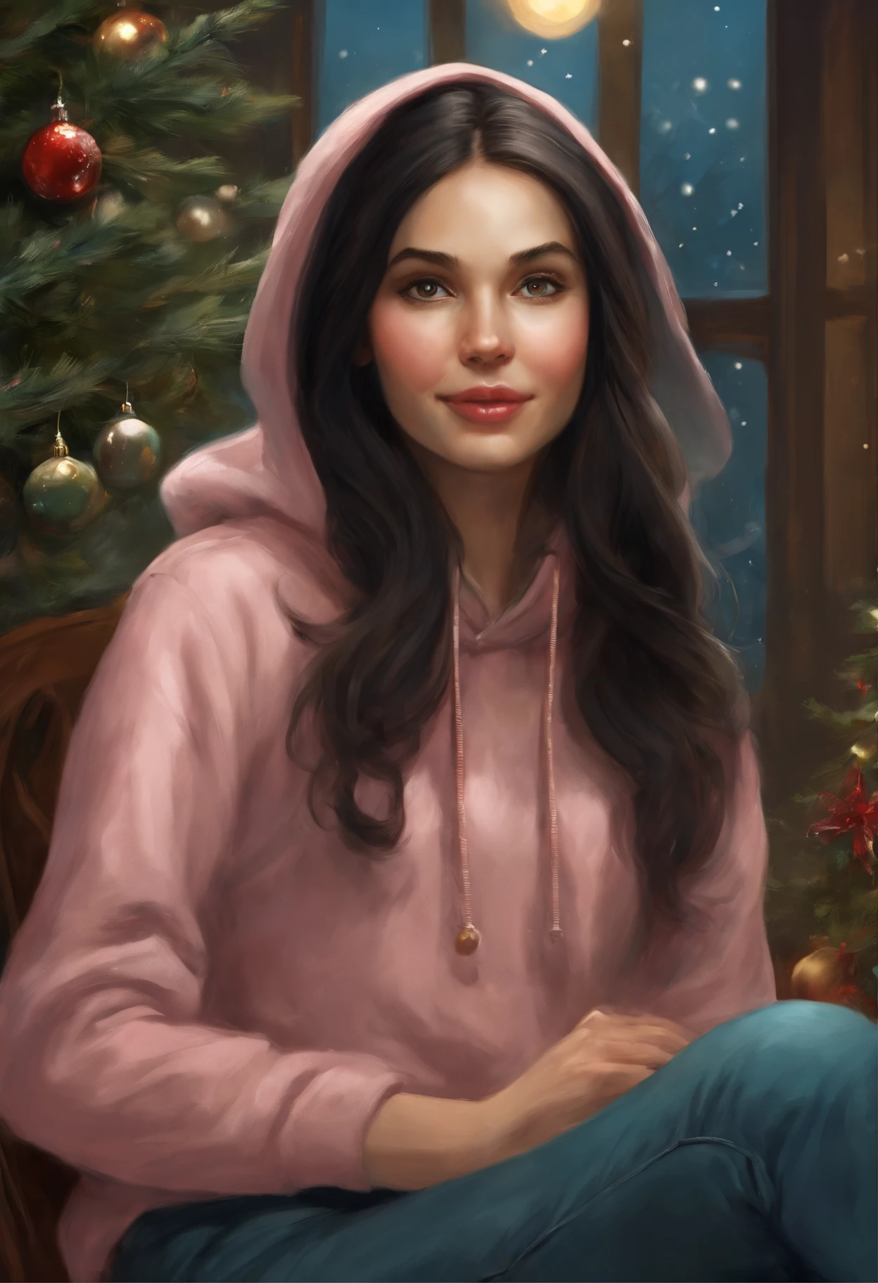 真实感, a painting, Fantasy fairy tale, Christmas style, John Tolkien style, Small painting by Jean-Baptiste Monge, Soft facial features, Rocker Girl, sitting in a chair with flowing straight black hair near the Christmas tree, Soft facial features, Wearing trousers, Wearing a hoodie, With light makeup, dark pink lips, lip shape"pearlescent" ,"straight, slightly arched eyebrows, Cyan eyes, heavy-lidded eye shape, Human Hand, Very clear, Without flaws, five fingers, black long straight hair, In a short sweatshirt with a print, in black trousers,mischievous character, Christmas tree, Gifts, Jean-Baptiste Monge, anthropomorphic --ar 2:3 --testp -optimistic;