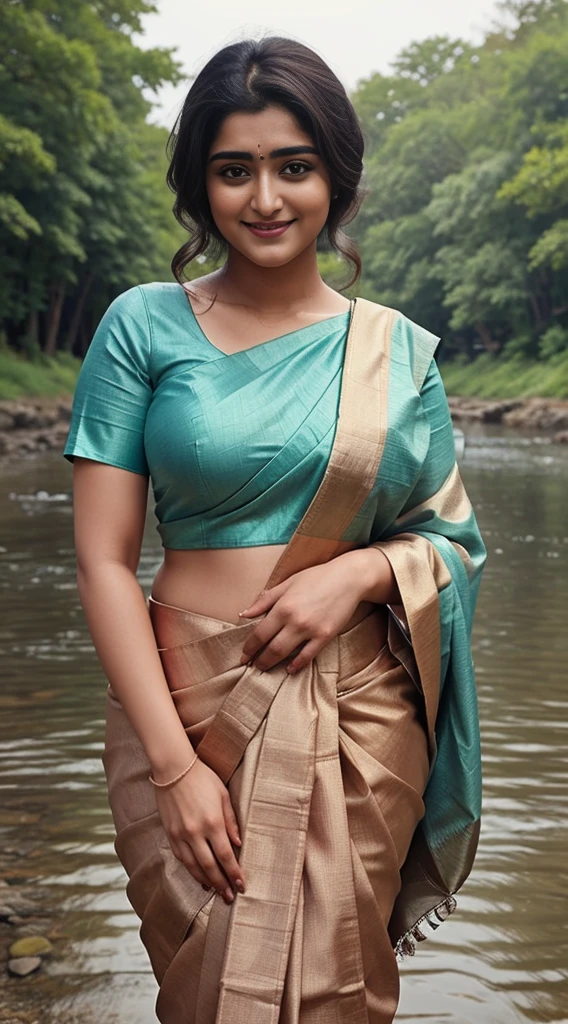 Nivetha Thomas 26 years old beautiful different face cute sexy Indian girl, curvy plus size figure, beautiful different color covered t-shirt blouse design Banarasi design saree, big m-cup tight breast, different hairstyle, bright eyes, thin eyebrows, fair skin, blushing cheeks, head to thigh view, smiling face, Kamasutra expression, Straight front view standing beautiful different village river side rock background, ultra realistic, head to thigh view, black hair, Provocative eye Contact, glossy lips, attractive eye contract face,