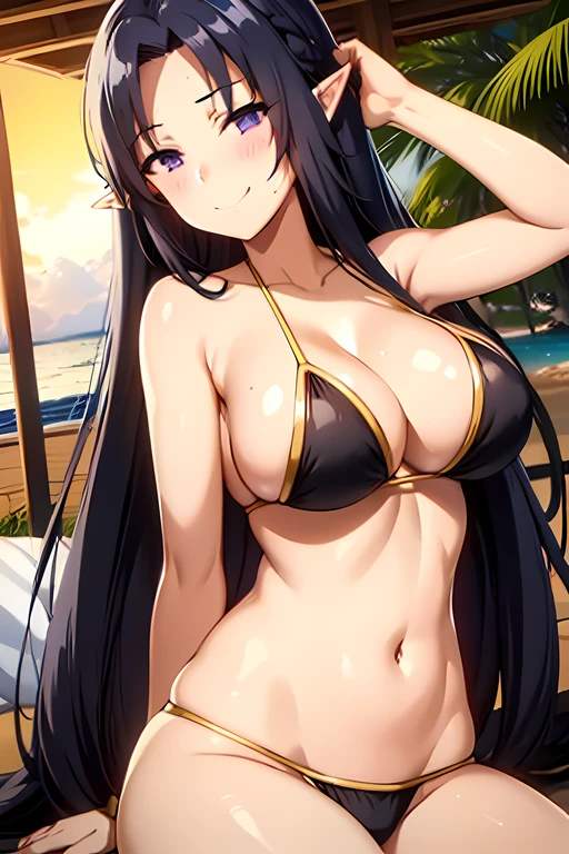 gamma, black hair, pointy ears, purple eyes, white bikini, beach, large breasts, very long hair, erotic, elf, sweat over body, blush, smile, sit at a beach with hands at the back of the head, show armpits