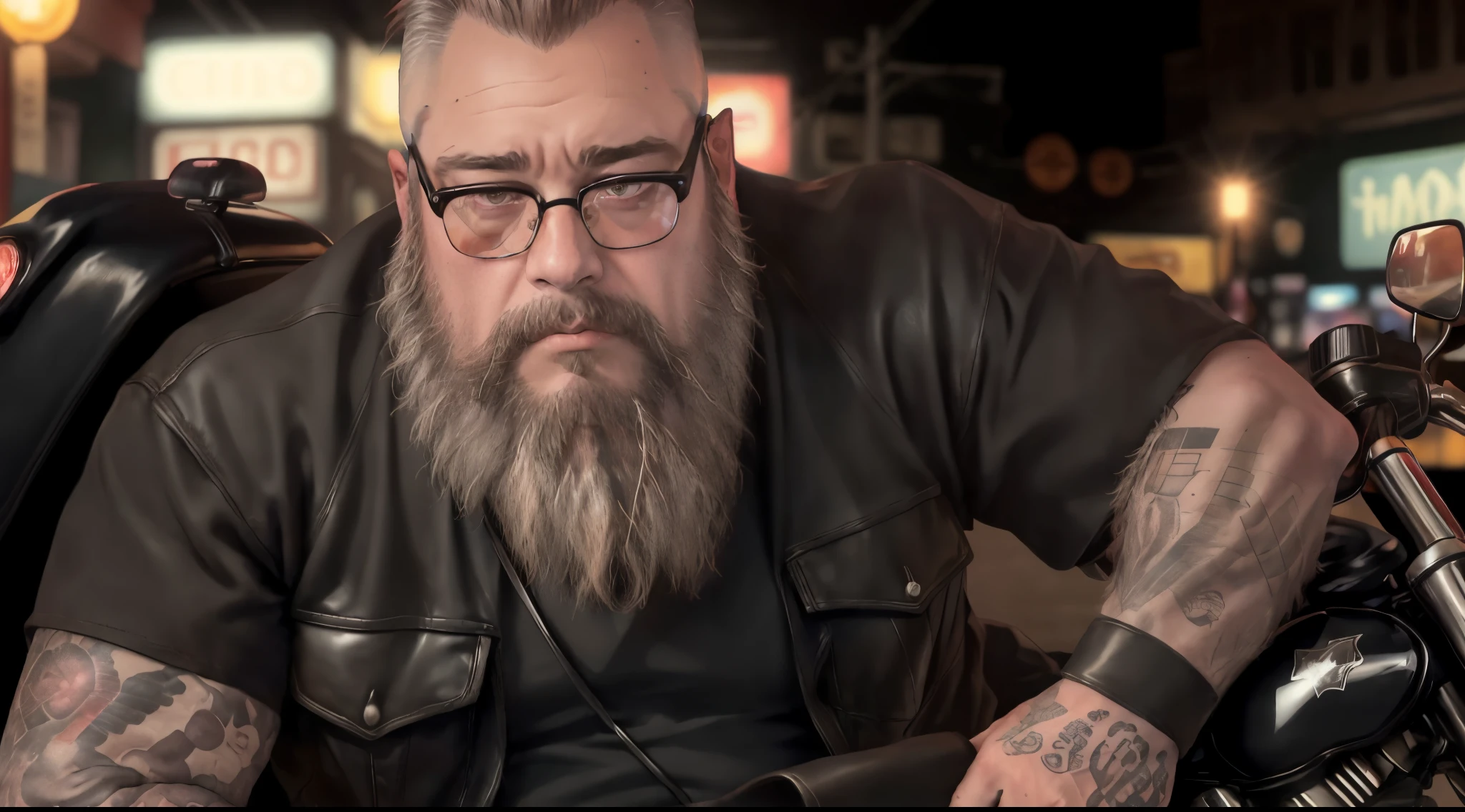 Image of a White Trash (King), (man) in a Trailer Park, smoking one cigarette, age 49, 5ft 8 in tall 235 lbs, short light brown hair with a fade, light brown beard 8 in length. wearing black Rayban glasses, ((sleeved tattoos on left and right arms)), detailed face, The manis sitting on a harley davidson glider (((motorcycle))) that all black, foggy, 35mm, F/2.8, 4k, photojournalism, busy background, moody lighting, cyberpunk, art photography”((male focus)) (facial hair), cinematic, night, (motorcycle)