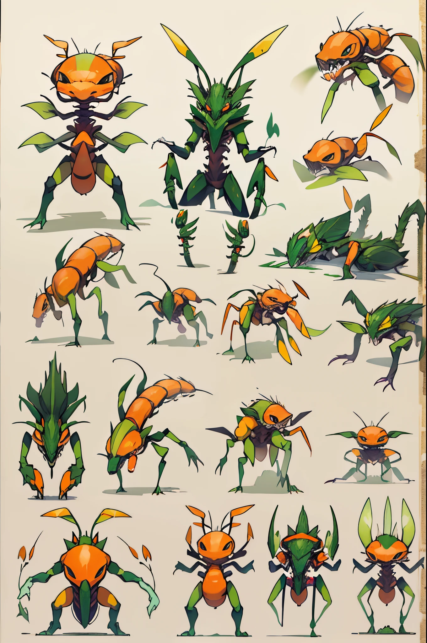 with a pure white background，The detail in this painting  amazing，finished product，Complete character design draft，Be intimidating，Ant-like creatures，A big orange ant,（sickle-shaped foot:1.5)orange colors,and black body，Digimon