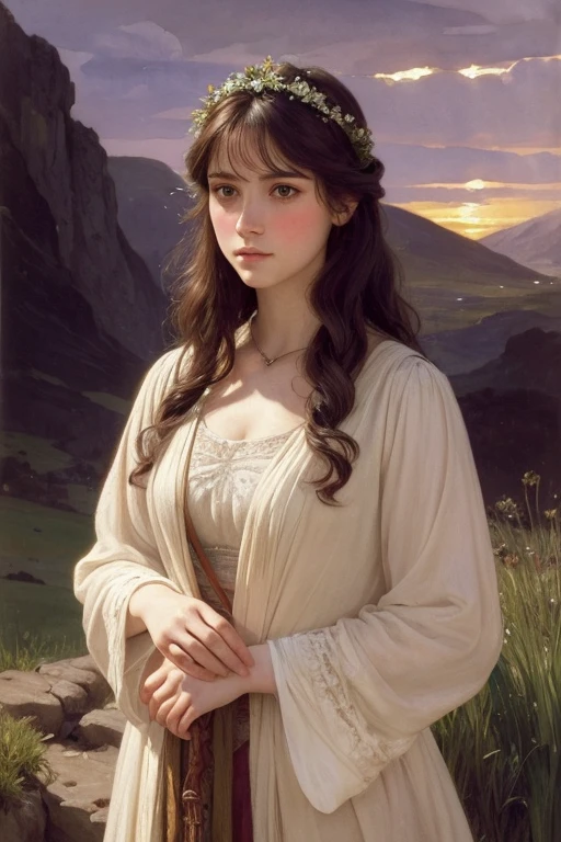 ((Watercolor by Sargent))、(top-quality、masterpiece)、softlight、Photorealistic full length european young slim athletic woman,tiny chest,No jacket,Classic Magician, Gothic, Blue eyes, Dark makeup, short dark pink hair, Jeweled sparkling headband, Natural pale skin texture, Heavy Silver Jewelry, Body Jewelry, Wielding magic, Lightning, Red sunset, Volcanic mountain landscape background, low illuminance, Finely drawn face, Finely drawn hands, High quality, Photorealism, infp young woman, pre-raphaelite, j.で. Waterhouse, Alma Tadema