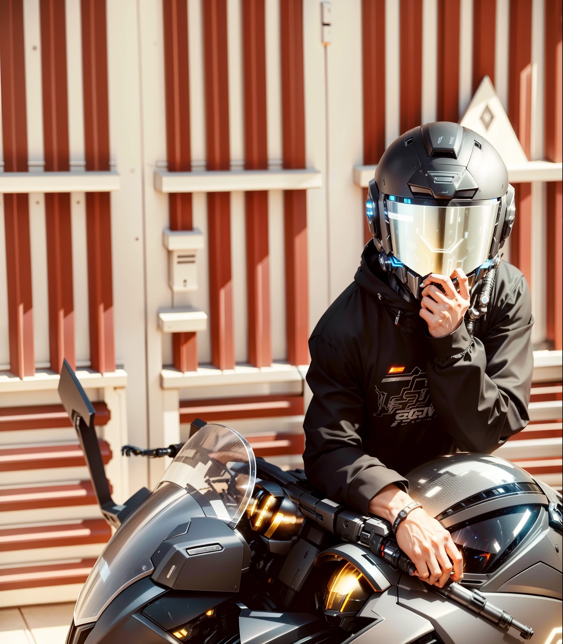 Handsome black mecha cyber warrior,Information mechanical motorcycle,High-tech black full enveloping helmet,Noor, Biomechanical SHN Robot Man,High-tech helmet,hyper realisitc, steel, Complex design, Very detailed very detailed, The lines are extremely clear, 电影灯光, Live photos, A Detailed Masterpiece