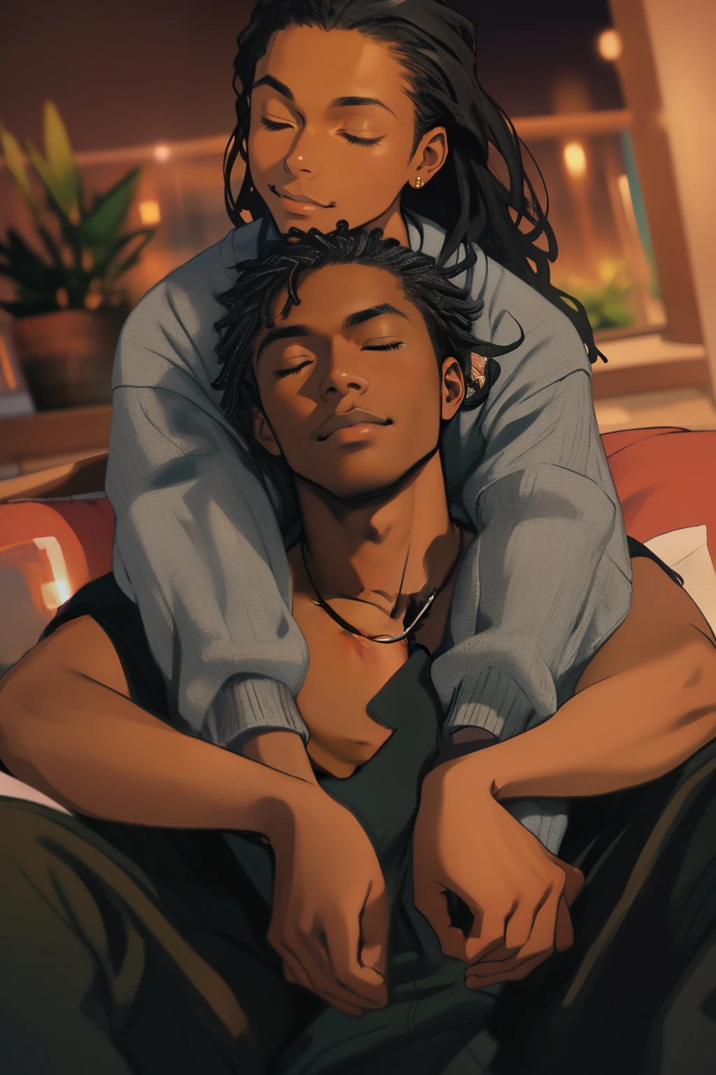 (Best quality, mastery) 1 handsome black man and one pretty black woman, relaxed, romantic, comfy clothing, night time, heads close together, eyes closed, cute, beautiful couple, cuddling, peaceful, view from above, perfect bodies, beautiful face, ebony noses
masterpiece, overhead lighting, highy detailed, clarity, multilevel detailing, blurry background, UHD,  masterpiece