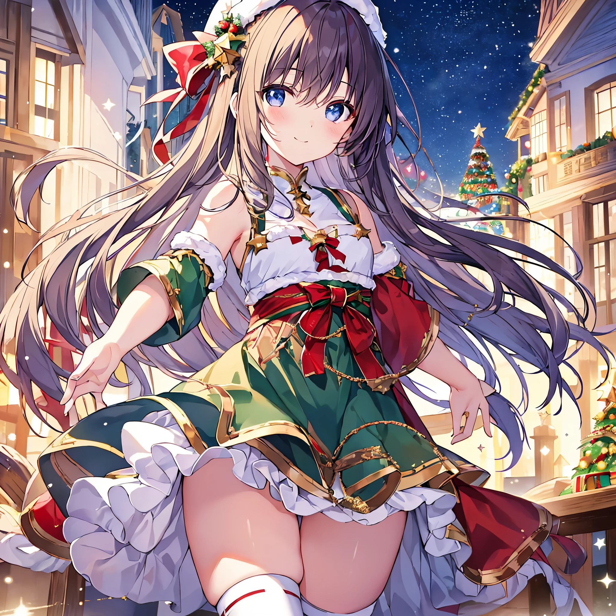top-quality、masterpiece、hight resolution、Beautiful girl alone、Christmas、Yuki、A detailed face、A slight smil、Christmas Costumes、illuminations、gift box、Outside、white knee-socks、Lustrous skin、Floating in the sky