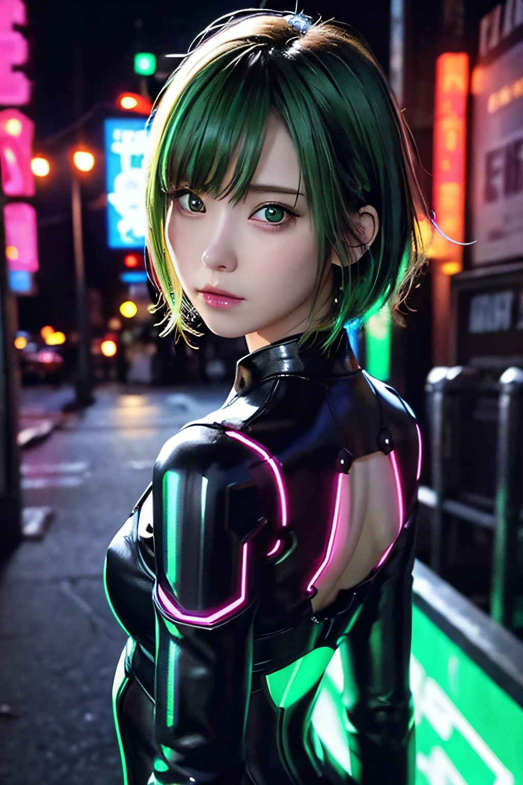 Neon Noir Beautiful Female Semi Robot,Looking at Viewer, . Cyberpunk, Dark, Back alley, neon signs, High contrast, low illuminance, Vibrant, Highly detailed, Green Ash Hair Color, Luminous Eyes