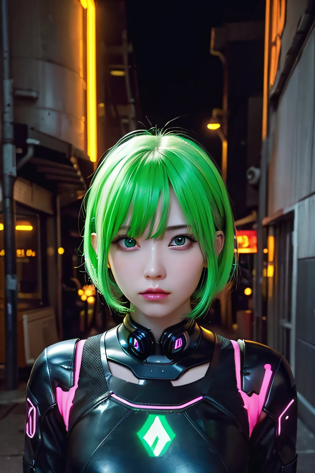 Neon Noir Beautiful Female Semi Robot,Looking at Viewer, . Cyberpunk, Dark, Back alley, neon signs, High contrast, low illuminance, Vibrant, Highly detailed, Green Ash Hair Color, Luminous Eyes
