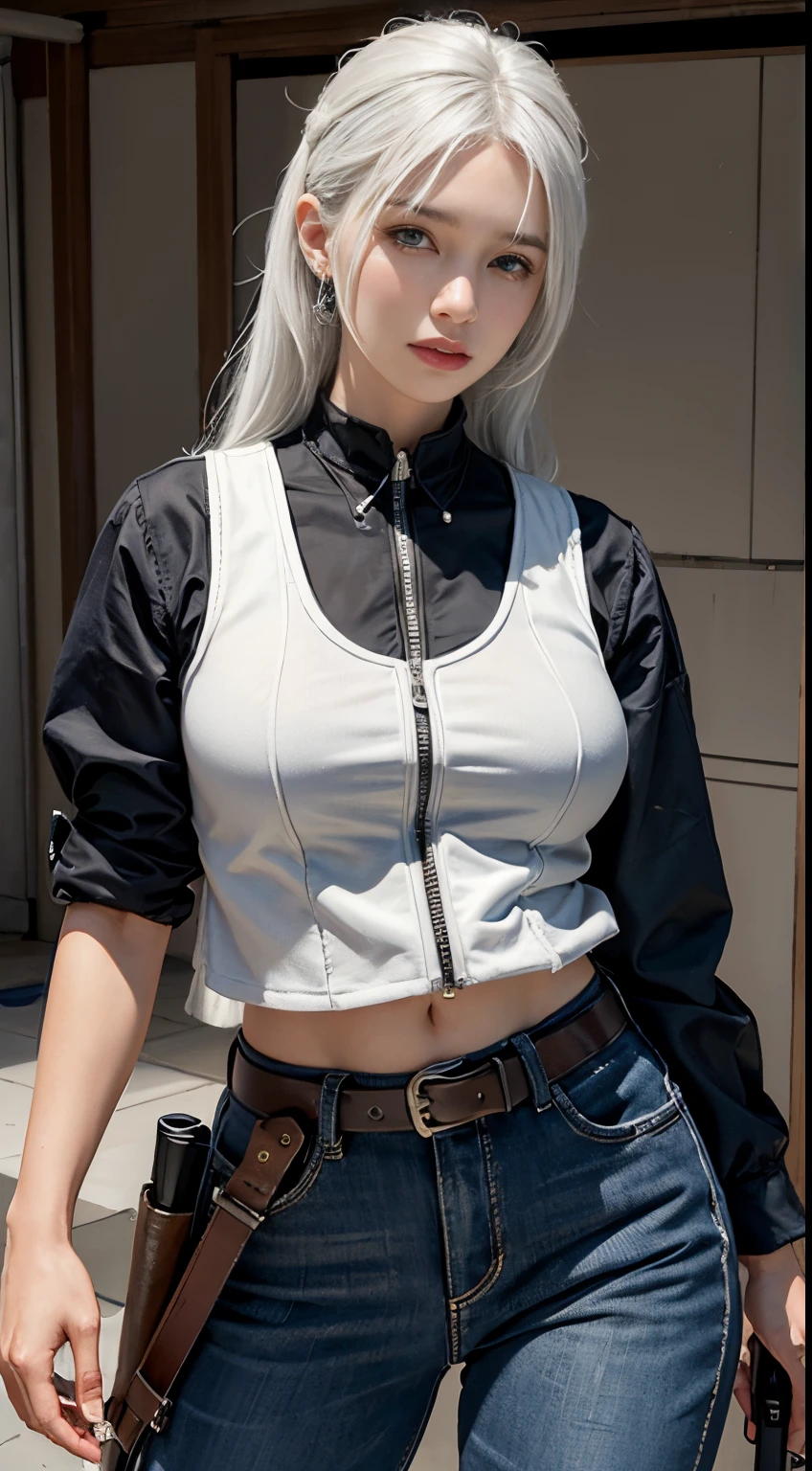 Photorealistic, high resolution, 1womanl, Solo, Hips up, view the viewer, (Detailed face), White hair, SWAT vests, Gun, jewelry