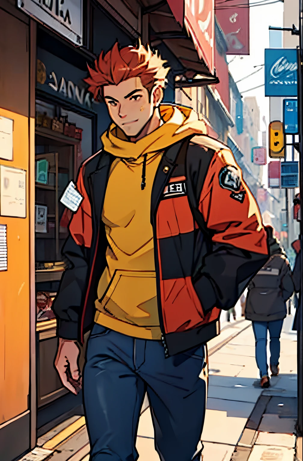 A mais alta qualidade, em uma rua parecida com Nova York, apoiado em um dos postes, adolecente, lion men, wearing a cold jacket,  expressao divertida, masculo, chest a little tight in the jacket, (angulo de baixo), pernas definidas, defined arms, abdomen definido, com a camisa,