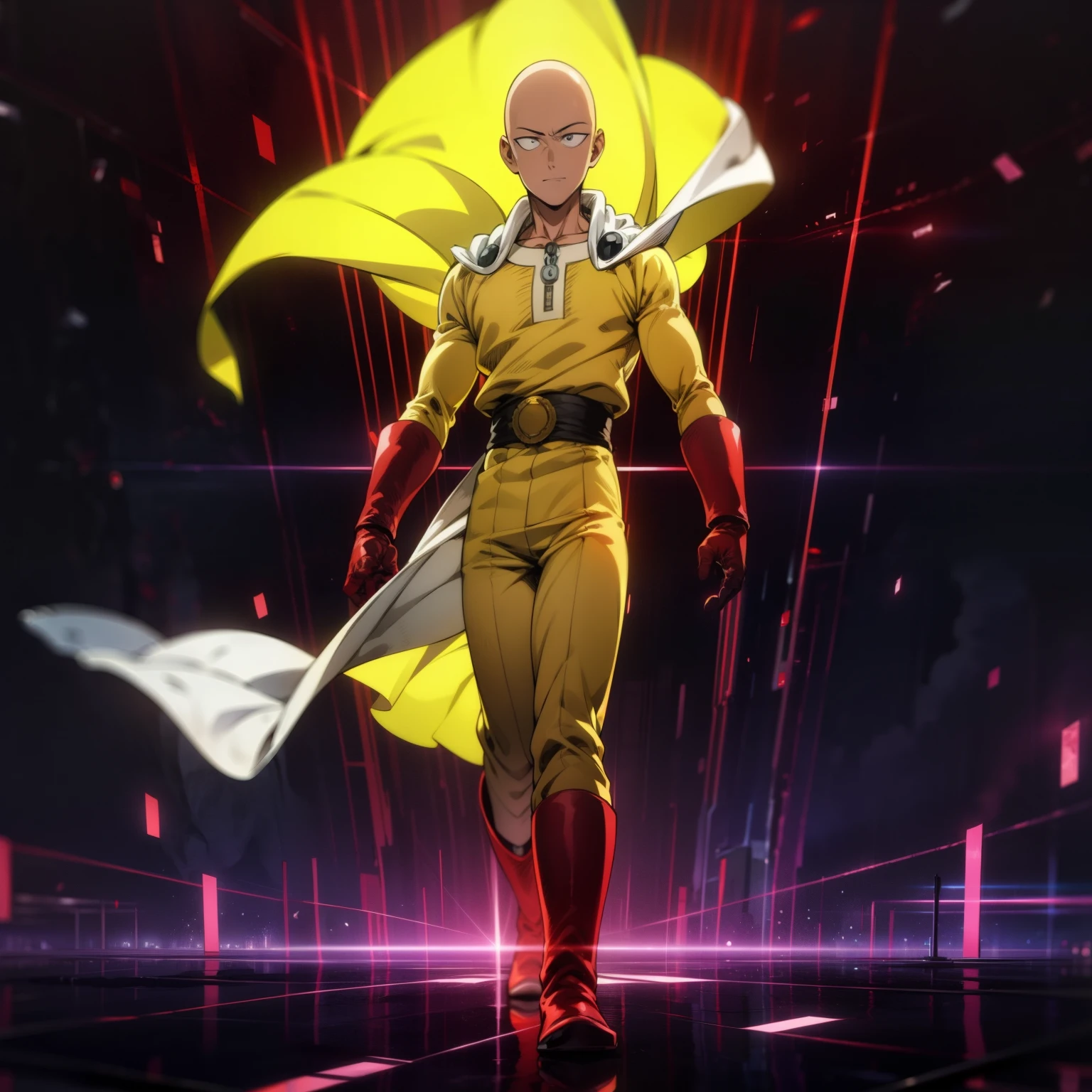 masterpiece, best quality, 1boy, (saitama), bald head, black eyes, red gloves and red boots, yellow clothes and white cape, standing, angry face, completely mad, fighting position, posting to giving punch, night city, detailed face, evil smile, aura power, night, natural light, standing, male focus, strong muscles, movie composition, deth of field, bokeh, (futuristic), (full body),