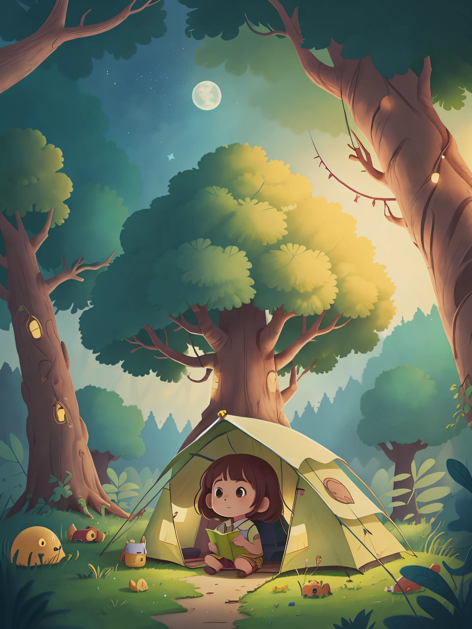 The little girl built a tent under a big tree，The night sky  dotted，