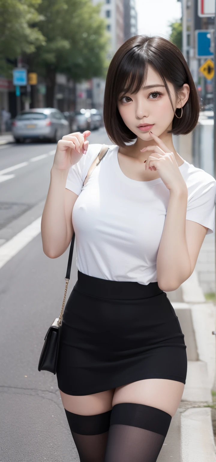 masutepiece, Best Quality, Ultra-detailed, finely detail, hight resolution, 8K Wallpaper, Perfect dynamic composition, Beautiful detailed eyes, (Plain white T-shirt、Black tight skirt、Black stockings:1.2)、The gesture of flipping up a T-shirt、Black skirt、Beautiful collarbone、short-hair、Natural Color Lip, Bold sexy poses,Smile,In the street、chee、28-year-old girl、Cute、Sexy shot looking at camera、Tempting、Beautiful breasts、well-shaped breasts, Beautiful buttocks, and a thin waist、Smaller buttocks、Small butt、Seduction Pose、Emphasis on slender、beauty legs、Touching your own thighs、Seduce with beautiful legs、The thighs are erotic、Naughty smile