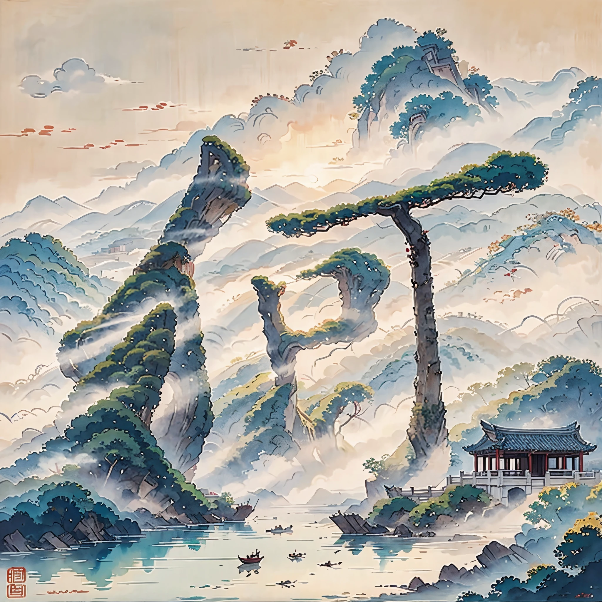 Ancient Chinese buildings on the island，pavilion，pyloniscellaneous trees，Clouds，Green tree，Orange tree, chinese watercolor style, chinese painting style, Chinese landscape, traditional Chinese watercolor painting, chinese paintings, High detail watercolor 8K, highly detailed water colour 8 k,  author：heroes, author：Qu Leile，light and shadows