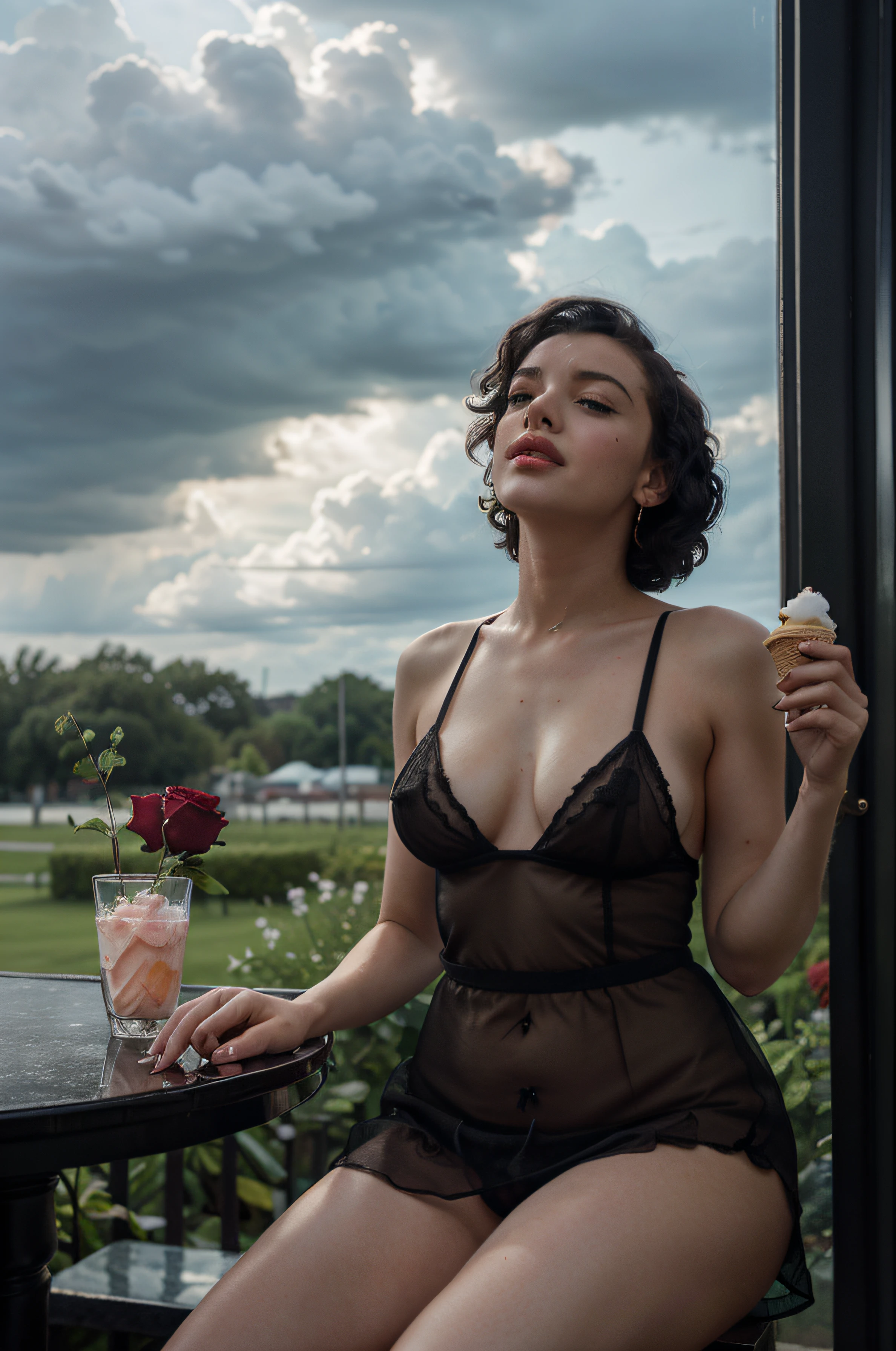 Girl about 25 years old, Marilyn Monroe, but with black short curly hair,  sitting at a table, eats ice cream in a wide crystal glass, decorated garden with red roses, in pink silk translucent lingerie. overcast weather, the wind, Storm clouds in the sky, gotik, darkness, Fine art painting, cinema, 8K